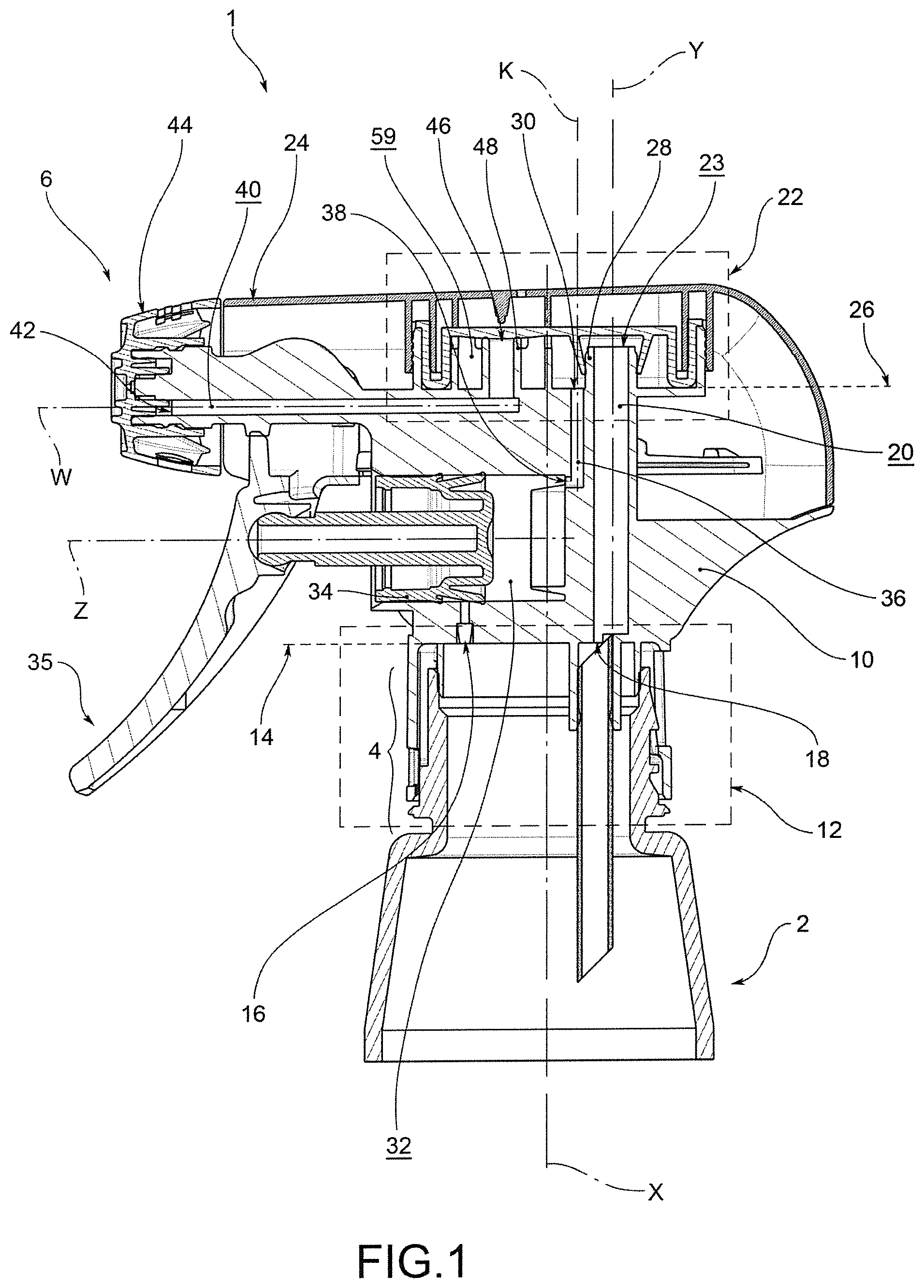 Patent US12311393 Figure 1 – Dispensing head for a trigger dispenser