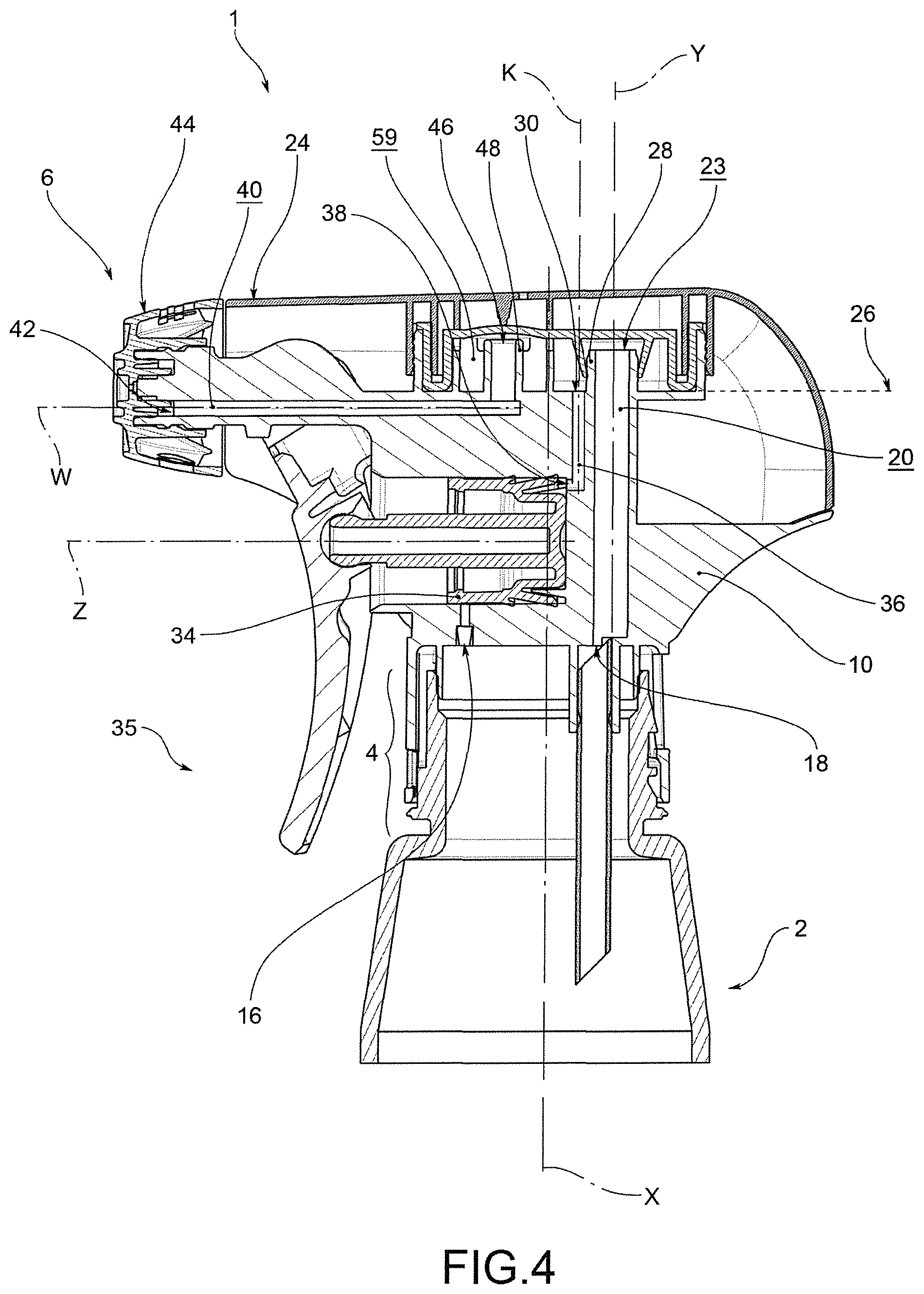Patent US12311393 Figure 4 – Dispensing head for a trigger dispenser