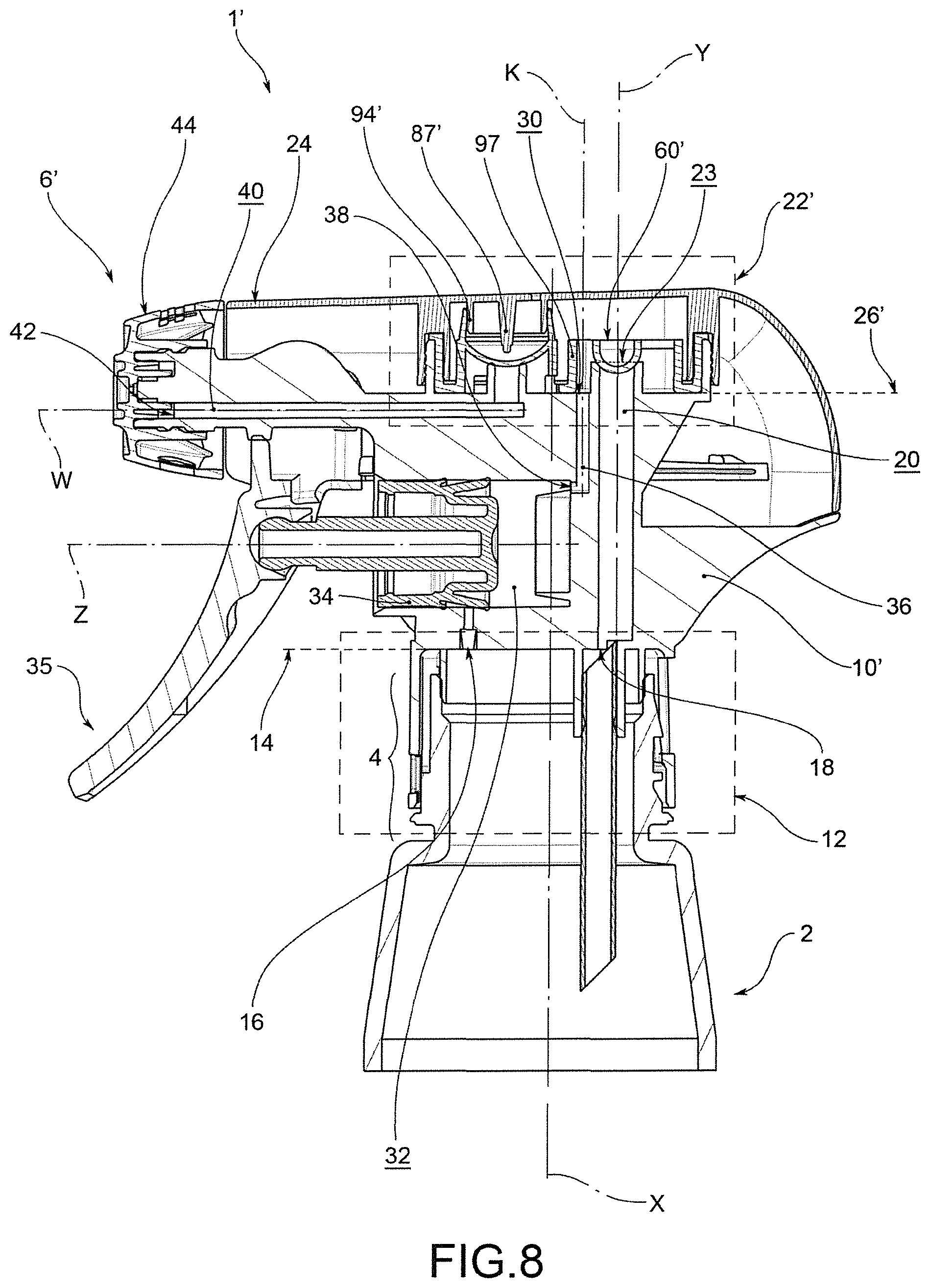 Patent US12311393 Figure 8 – Dispensing head for a trigger dispenser