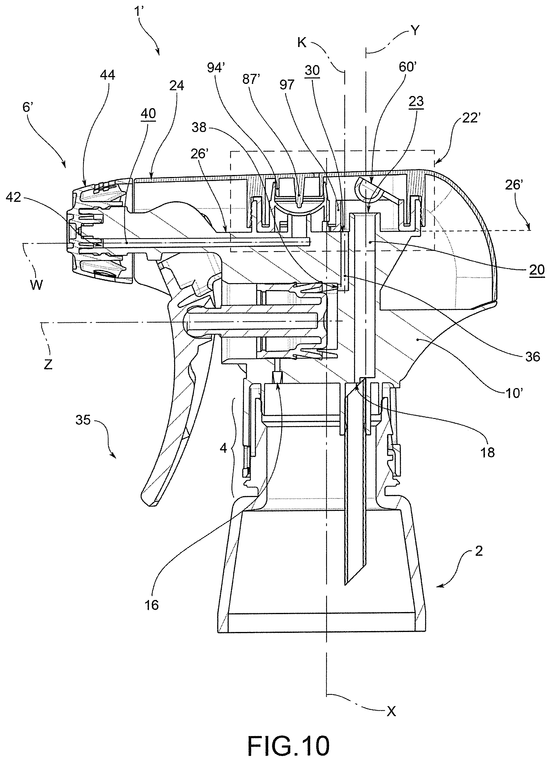 Patent US12311393 Figure 10 – Dispensing head for a trigger dispenser