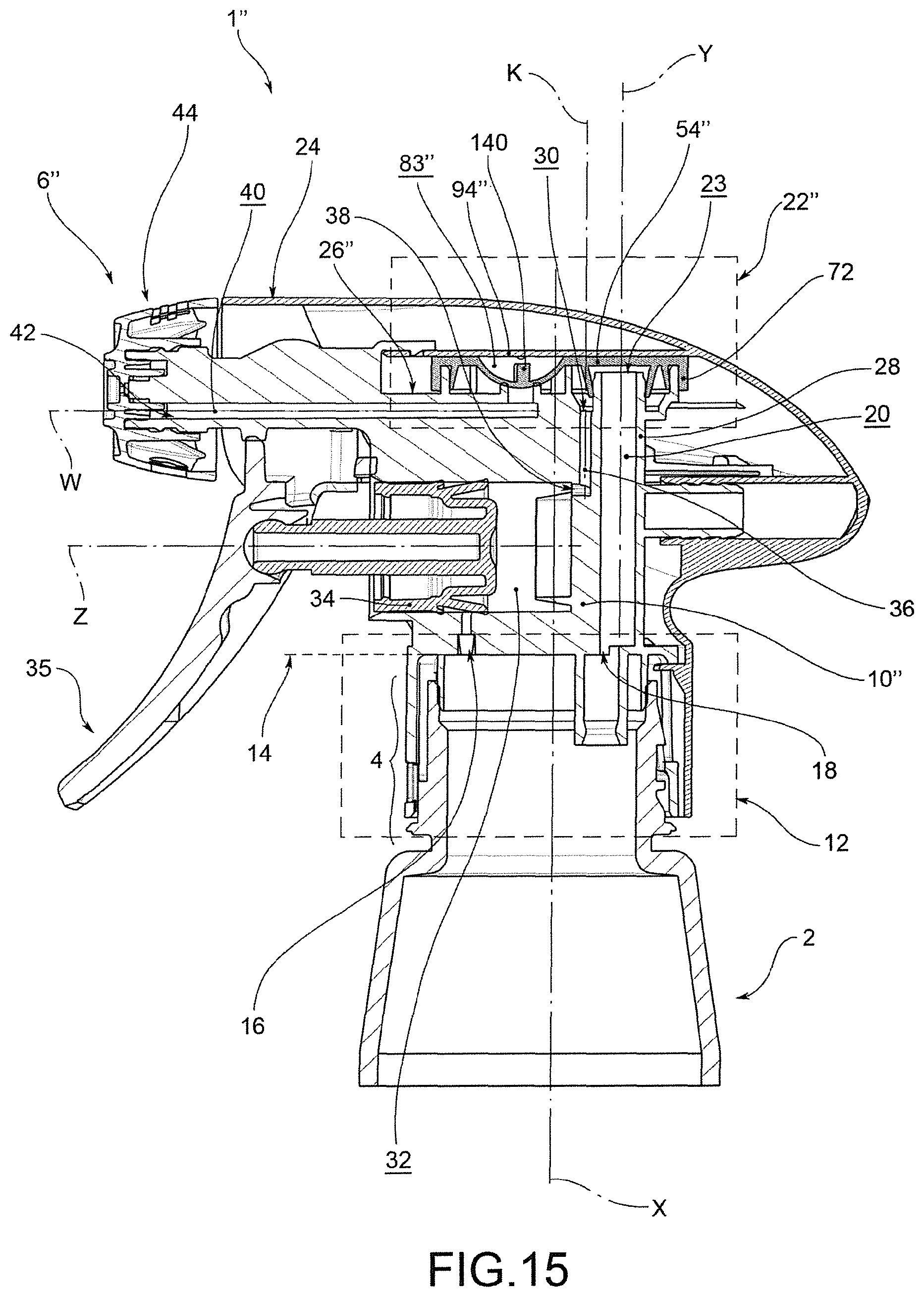Patent US12311393 Figure 15 – Dispensing head for a trigger dispenser