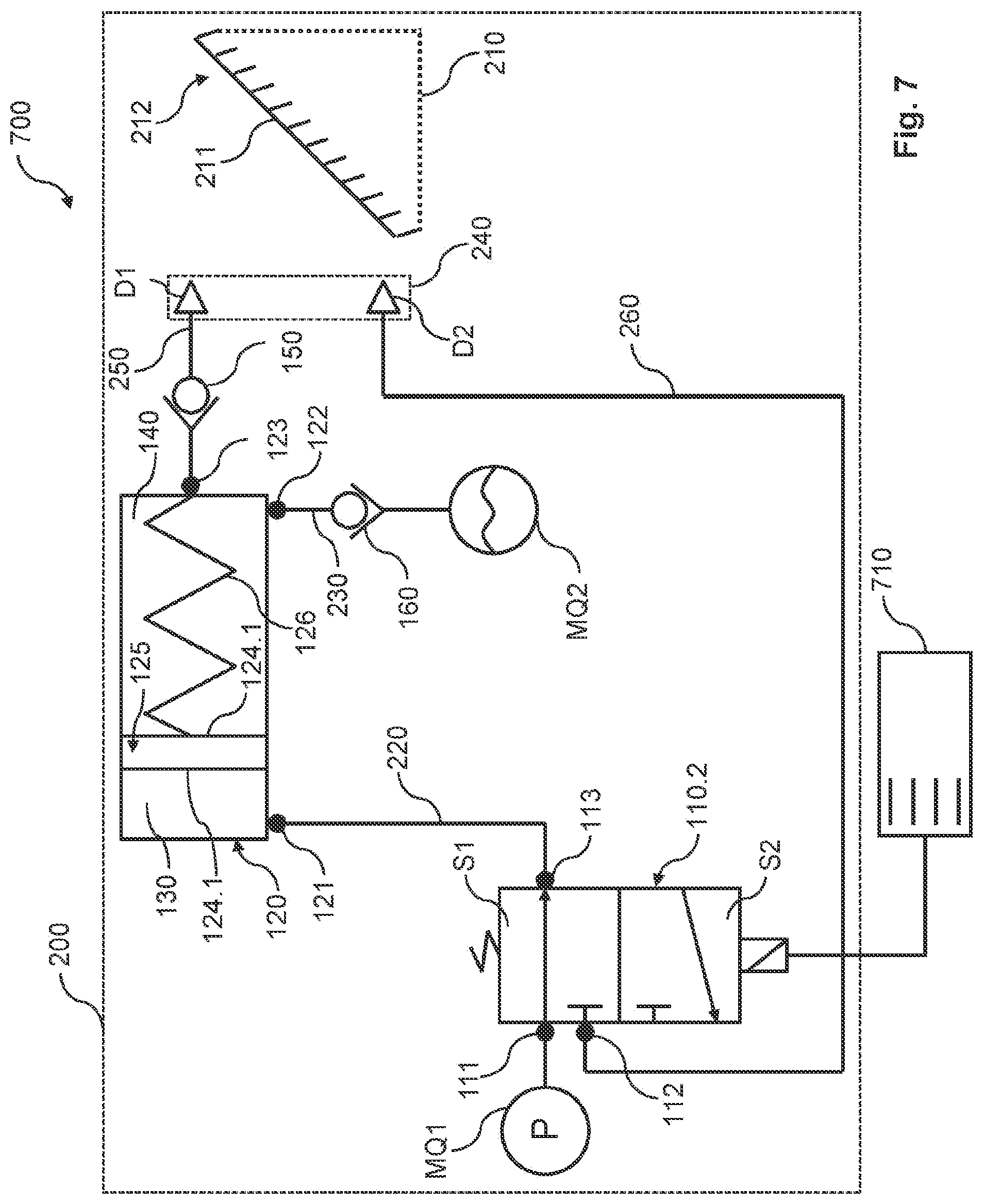 Patent US12311411 Figure 8 – Cleaning device, compressed air system and cleaning method for supplying a medium pulse to a surface and corresponding control system and vehicle