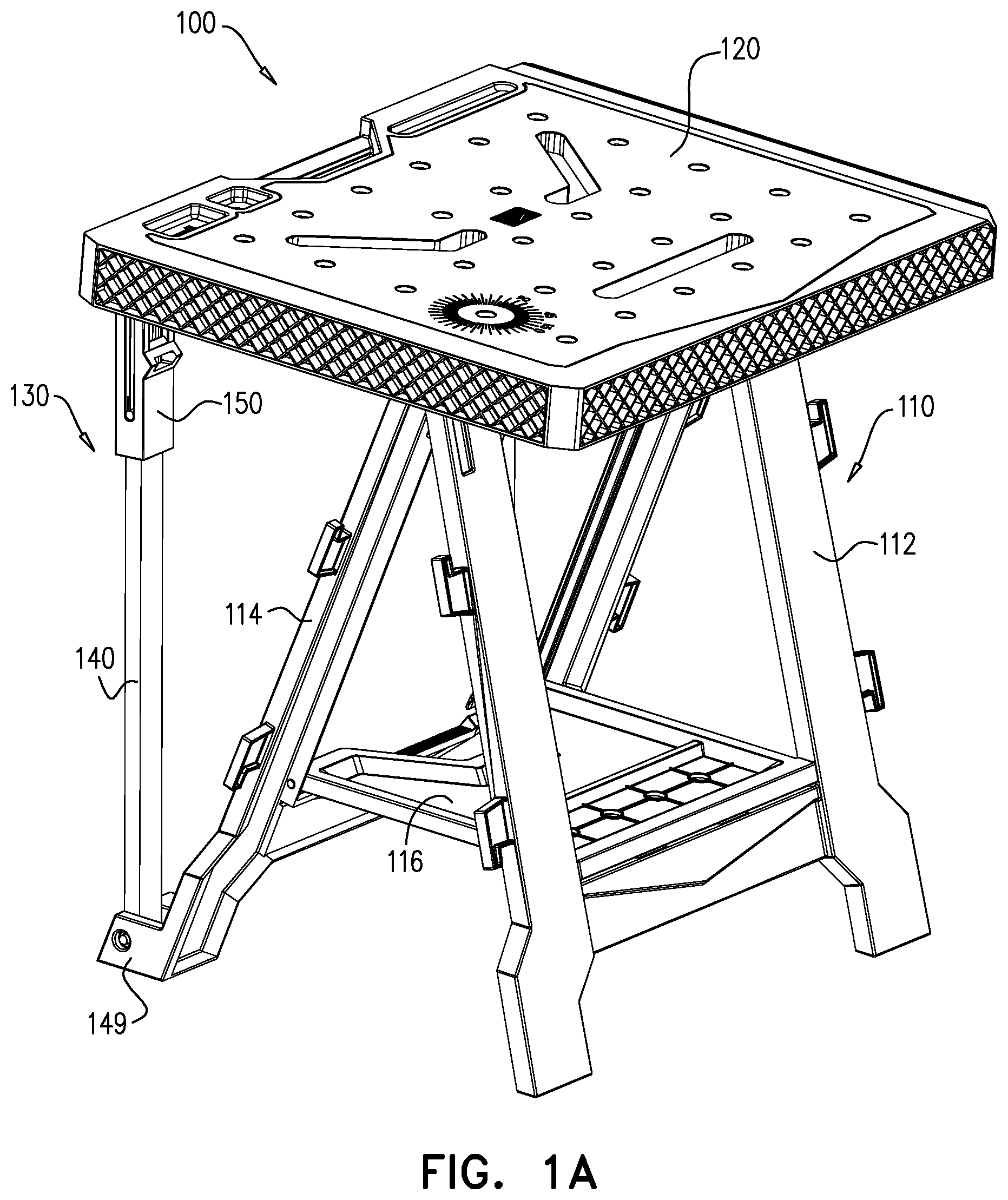 Patent US12311524 Figure 1 – Convertible sawhorse and worktable