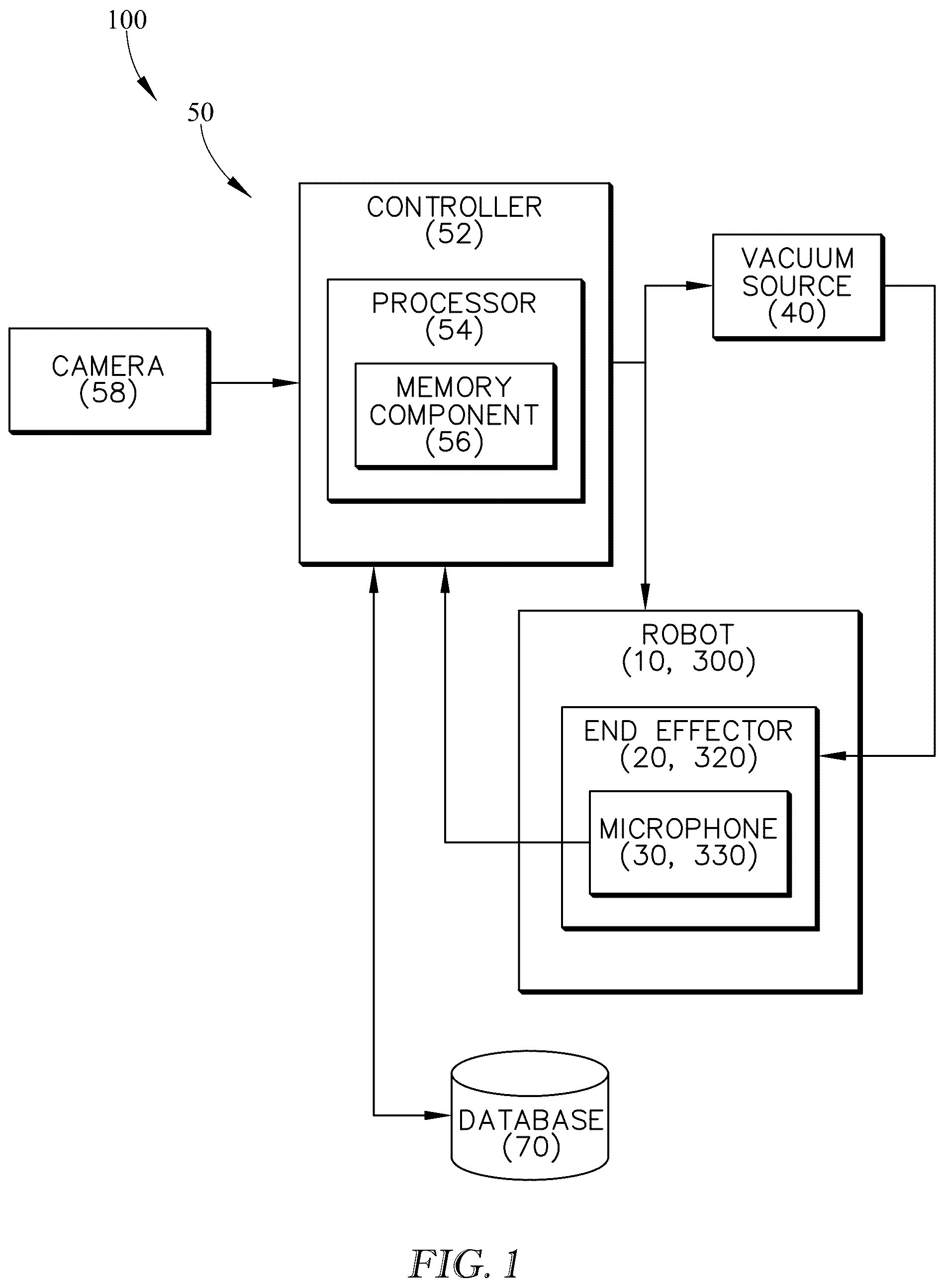 Patent US12311536 Figure 1 – Vacuum-based end effector, system, and method for detecting parcel engagement and classifying parcels using audio
