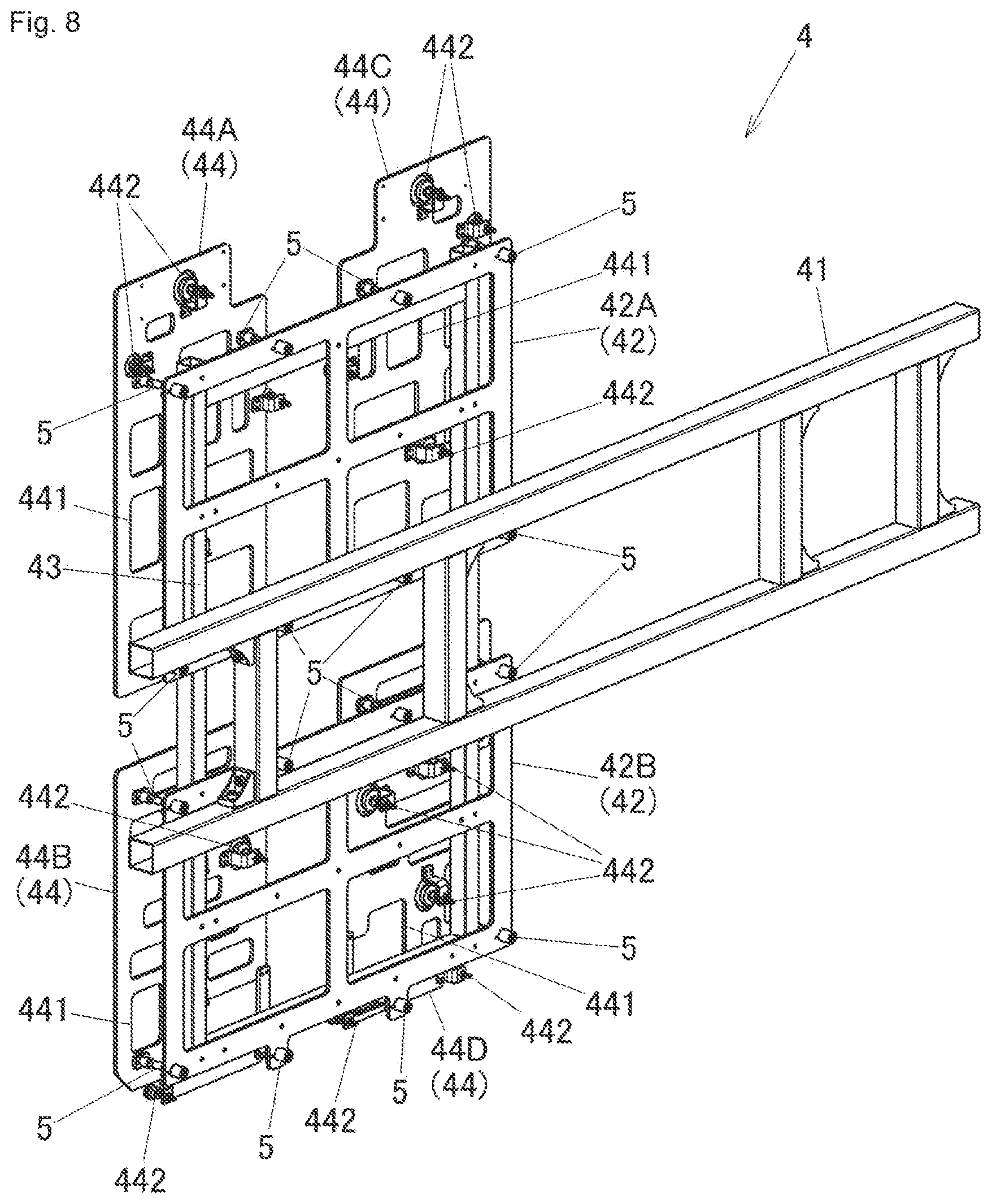 Patent US12311592 Figure 8 – Molding system, support arm, resin molding device, method for supporting supported member, mold, and method for producing molded body