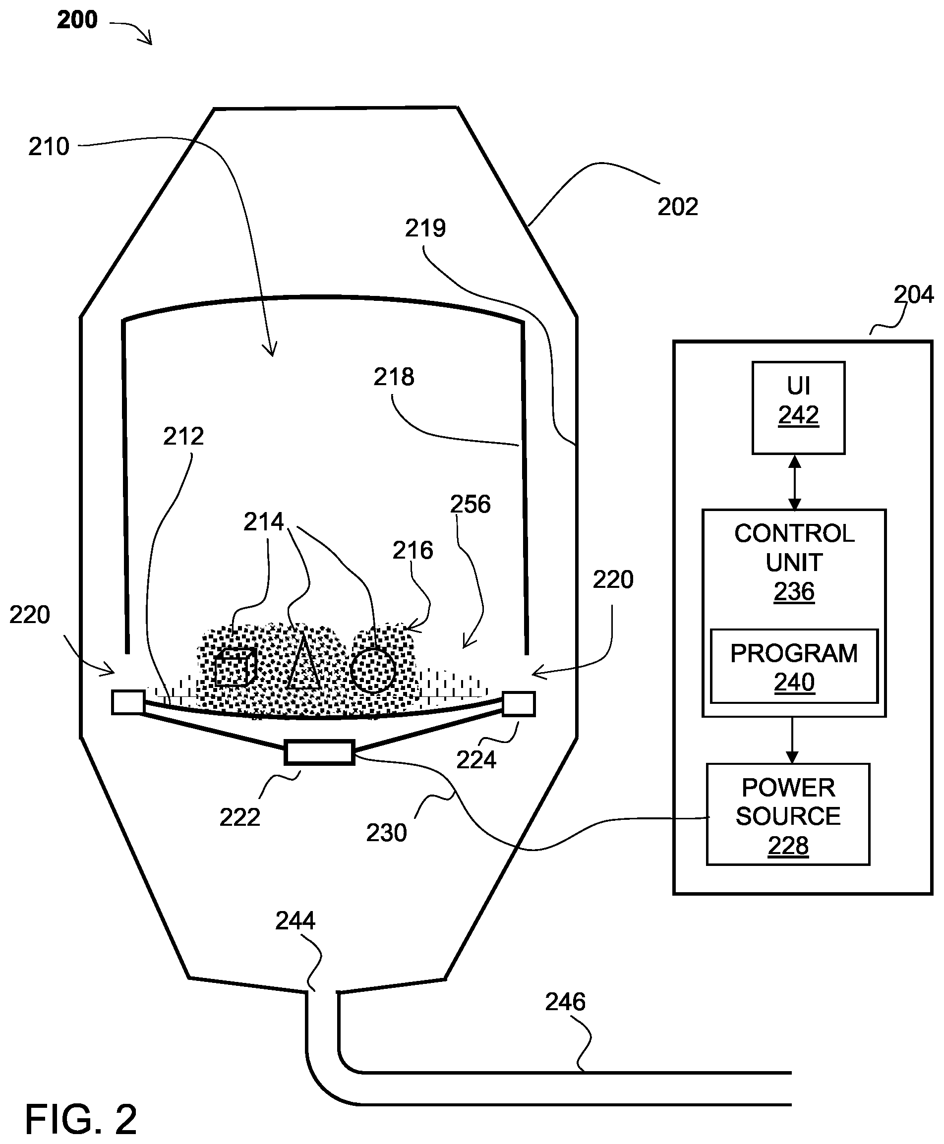 Patent US12311603 Figure 2 – Methods and system for removal of powder from an additively manufactured part