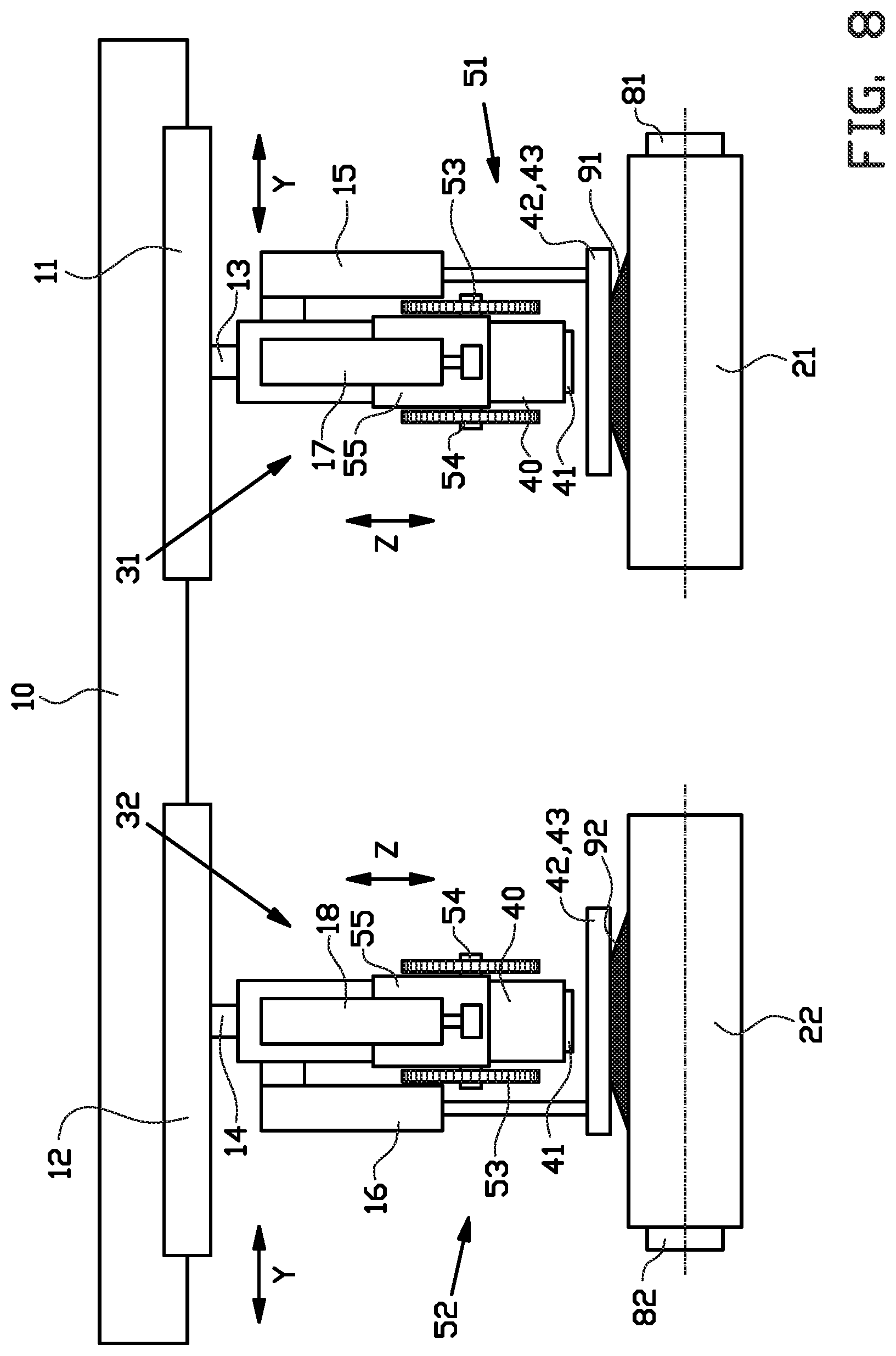 Patent US12311625 Figure 8 – Dual tire component servicer and method for supplying dual tire components to a tire building drum