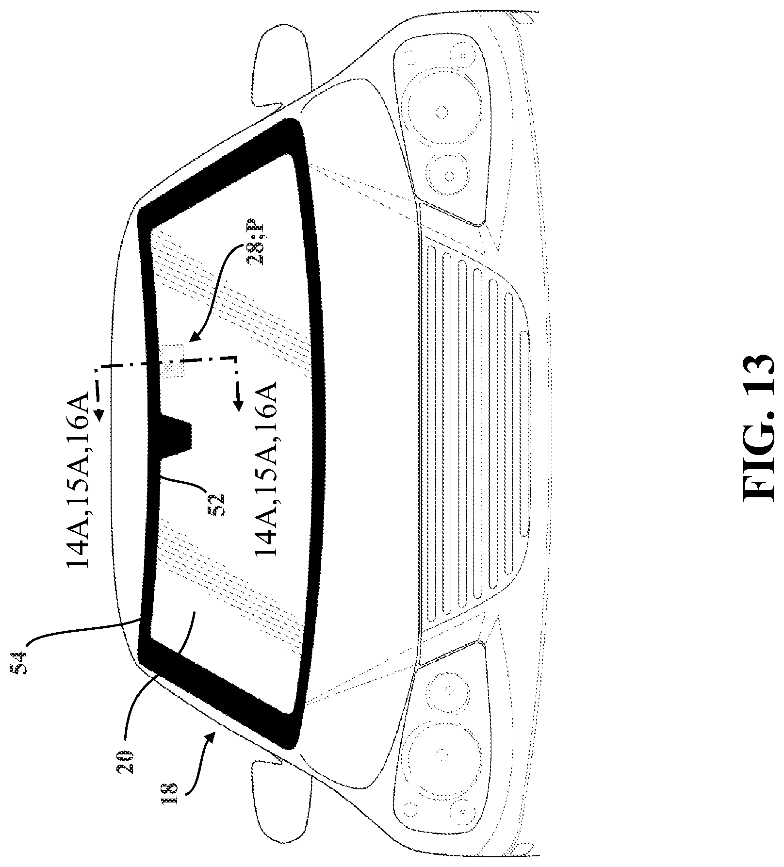 Patent US12311637 Figure 13 – Laminated glazing assembly including an antenna assembly