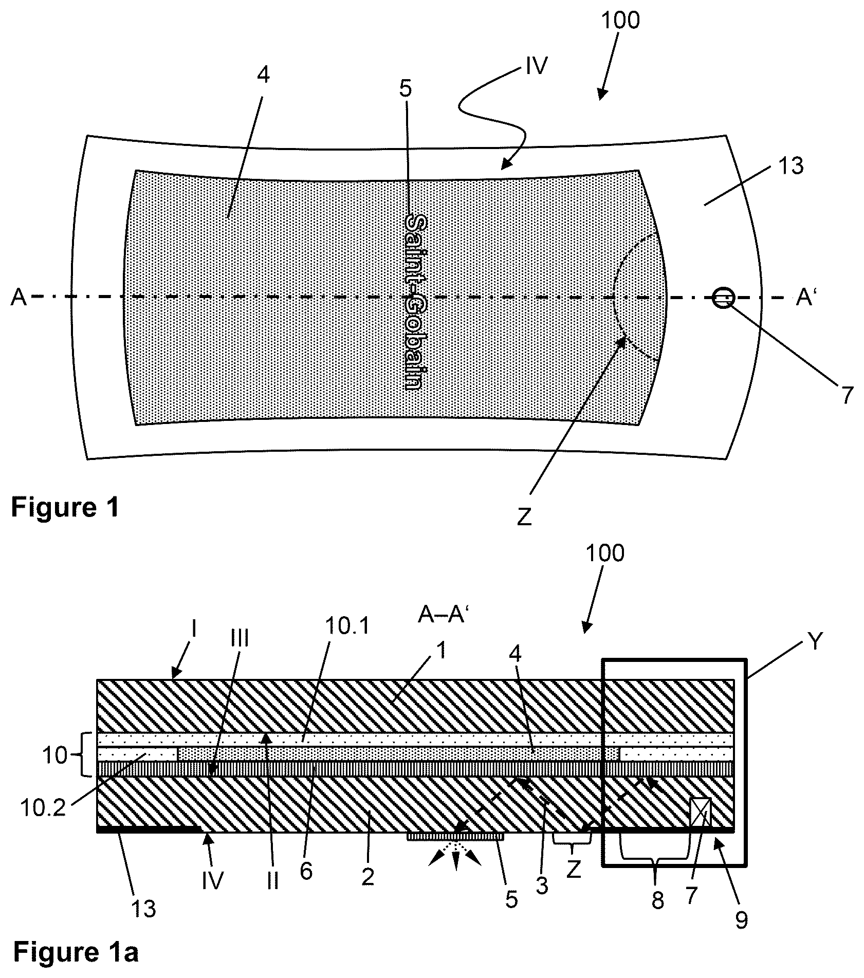 Patent US12311638 Figure 1 – Laminated pane with light source