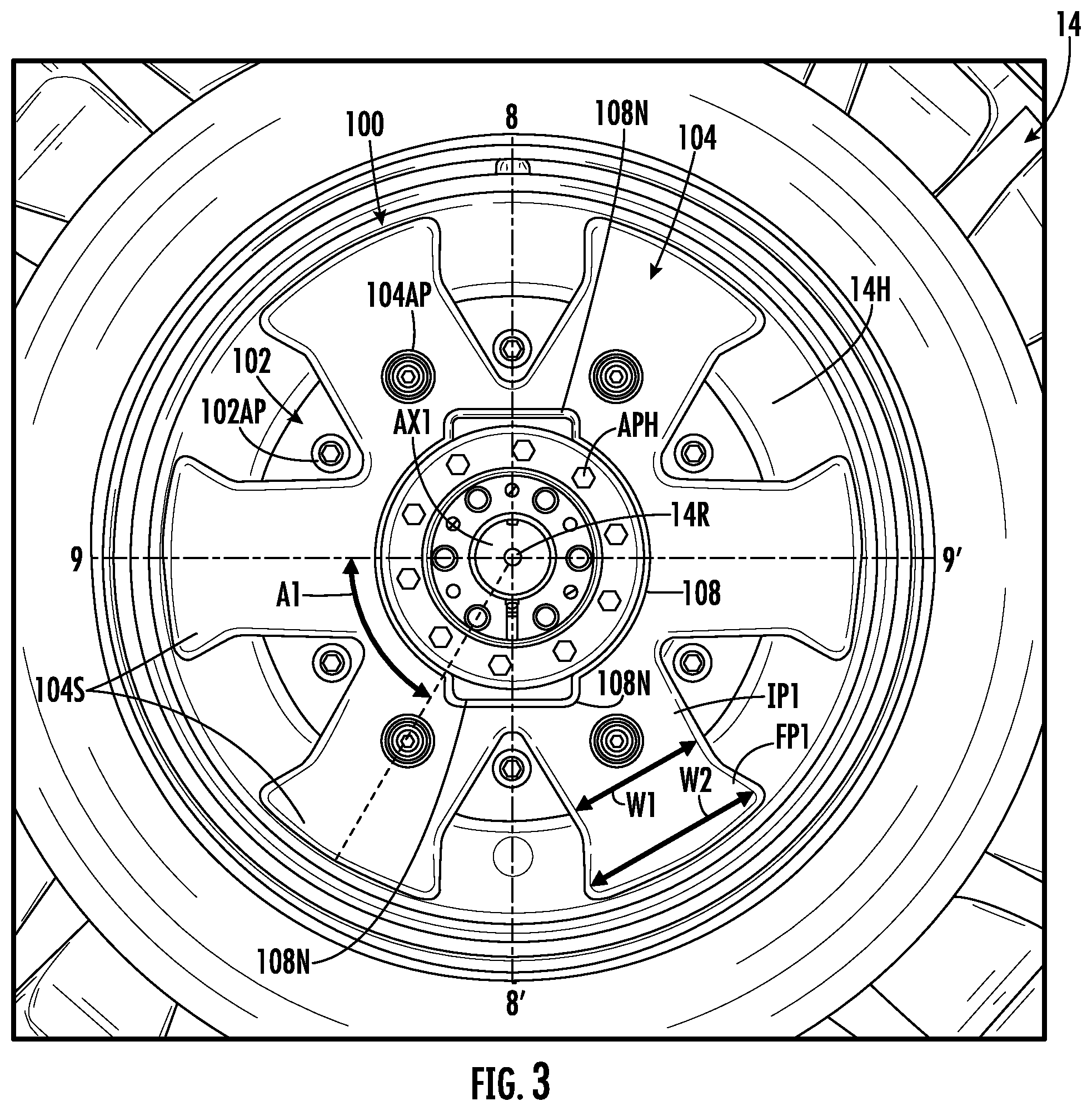 Patent US12311696 Figure 3 – Wheel weight system for an agricultural vehicle