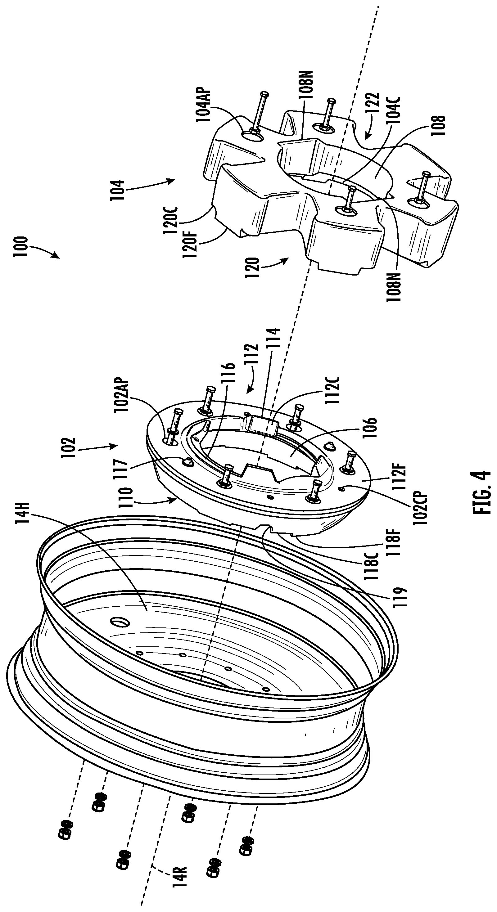 Patent US12311696 Figure 4 – Wheel weight system for an agricultural vehicle
