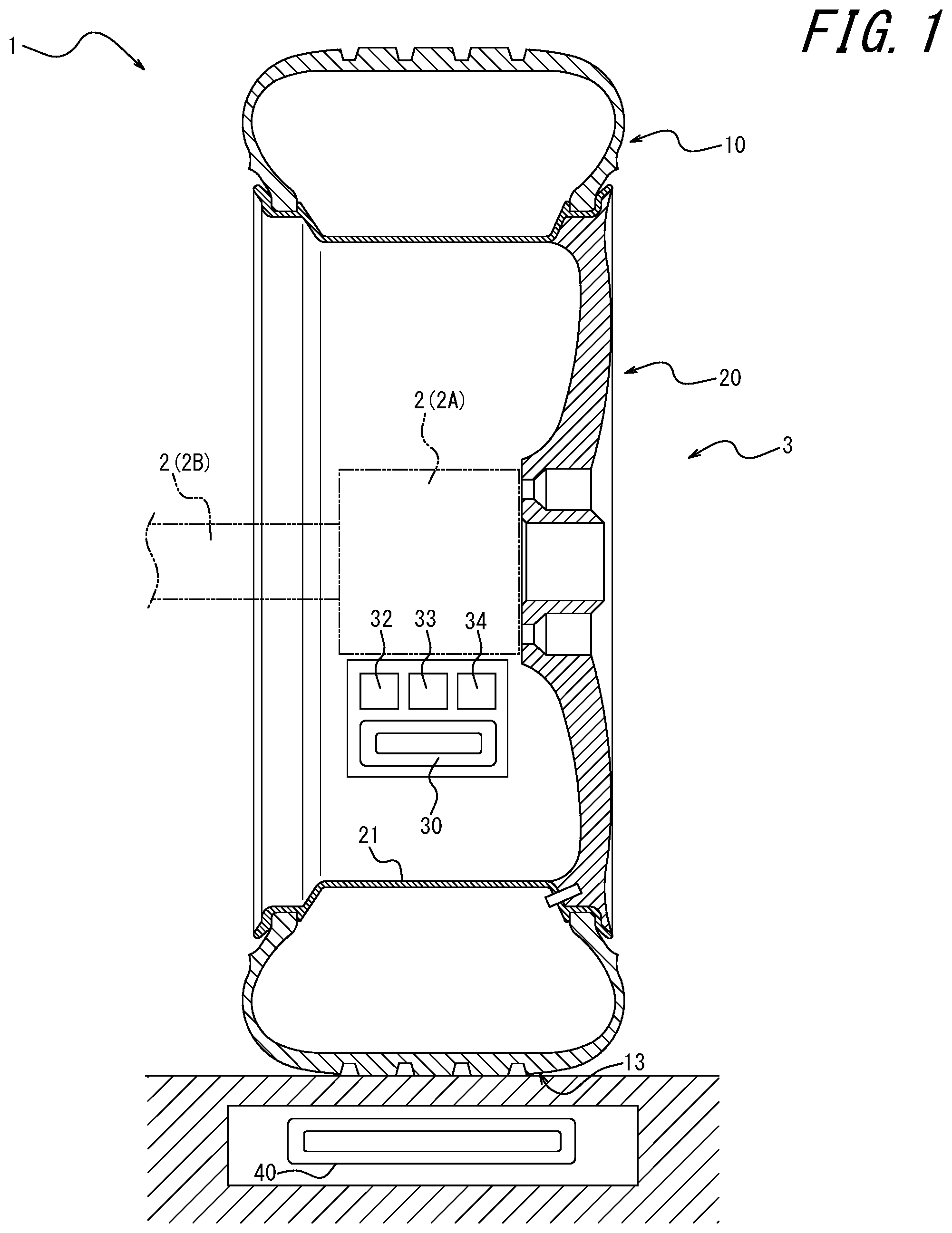 Patent US12311703 Figure 1 – Wireless power reception system, tire/wheel assembly, and tire
