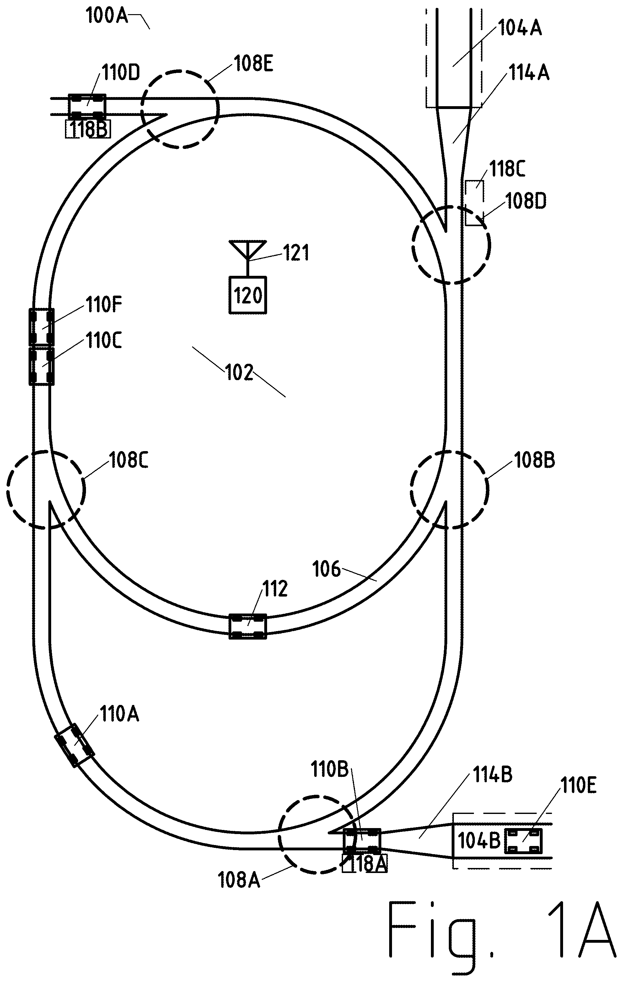 Patent US12311713 Figure 1 – Road to rail hybrid vehicles using a transition span and passive junctions
