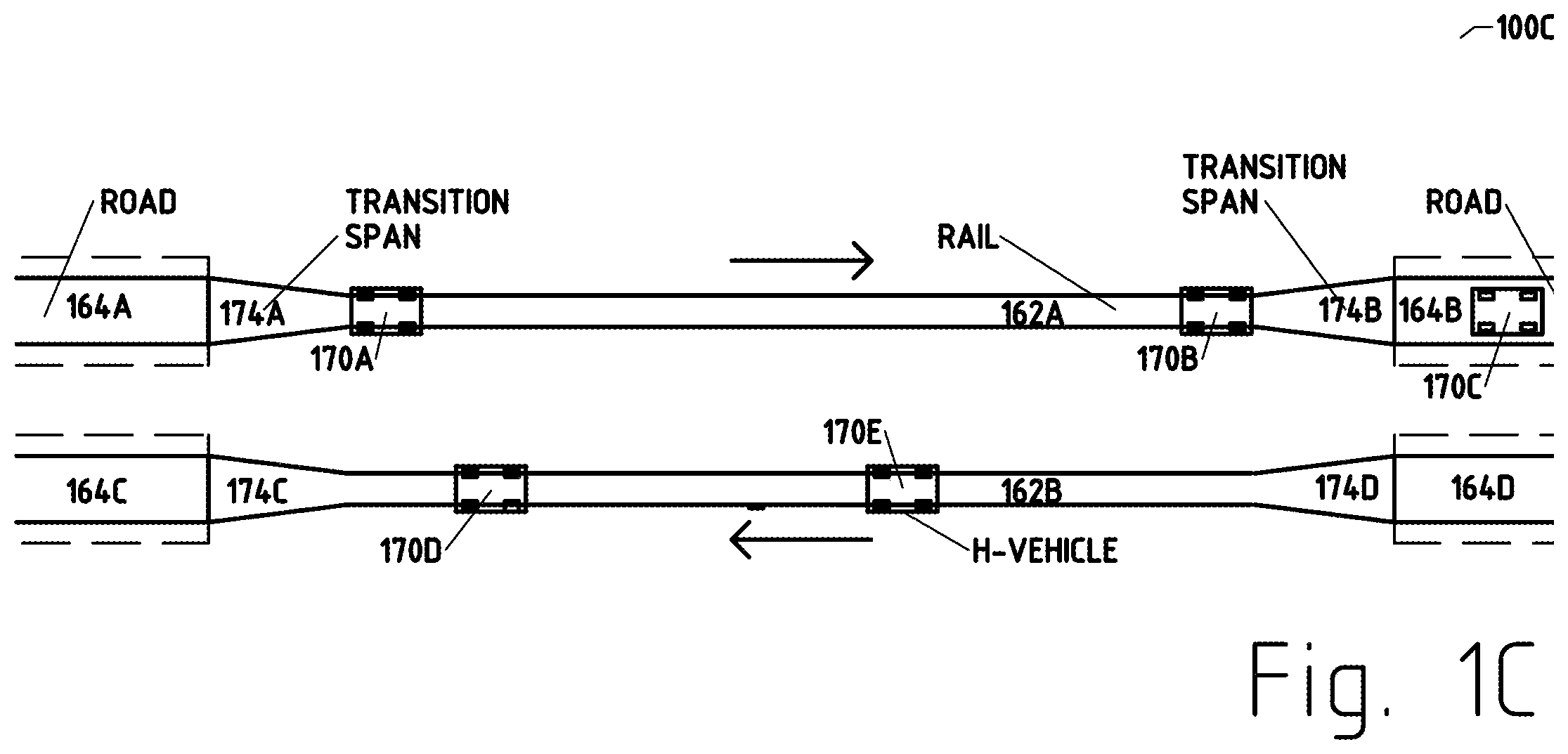 Patent US12311713 Figure 3 – Road to rail hybrid vehicles using a transition span and passive junctions