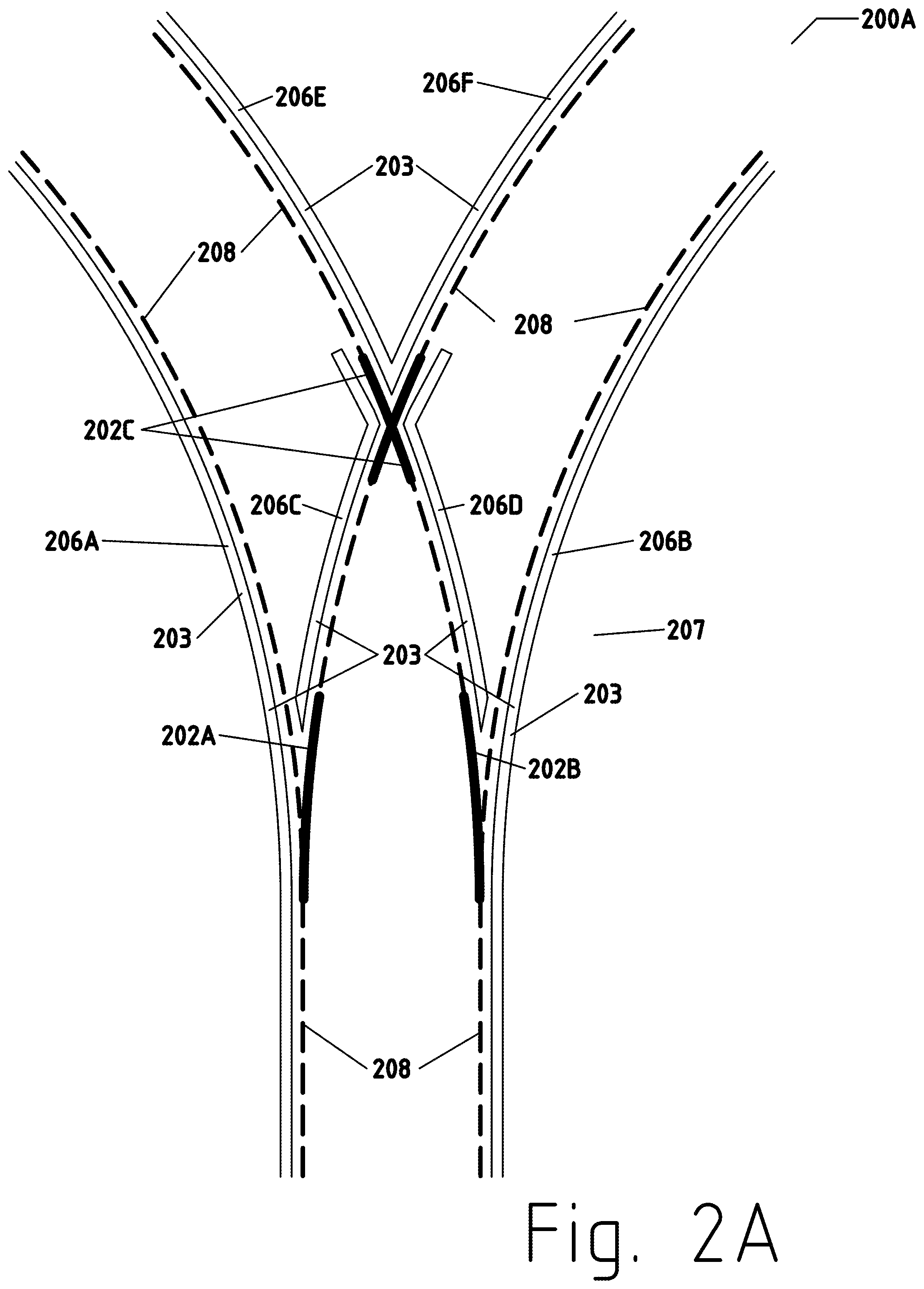 Patent US12311713 Figure 5 – Road to rail hybrid vehicles using a transition span and passive junctions