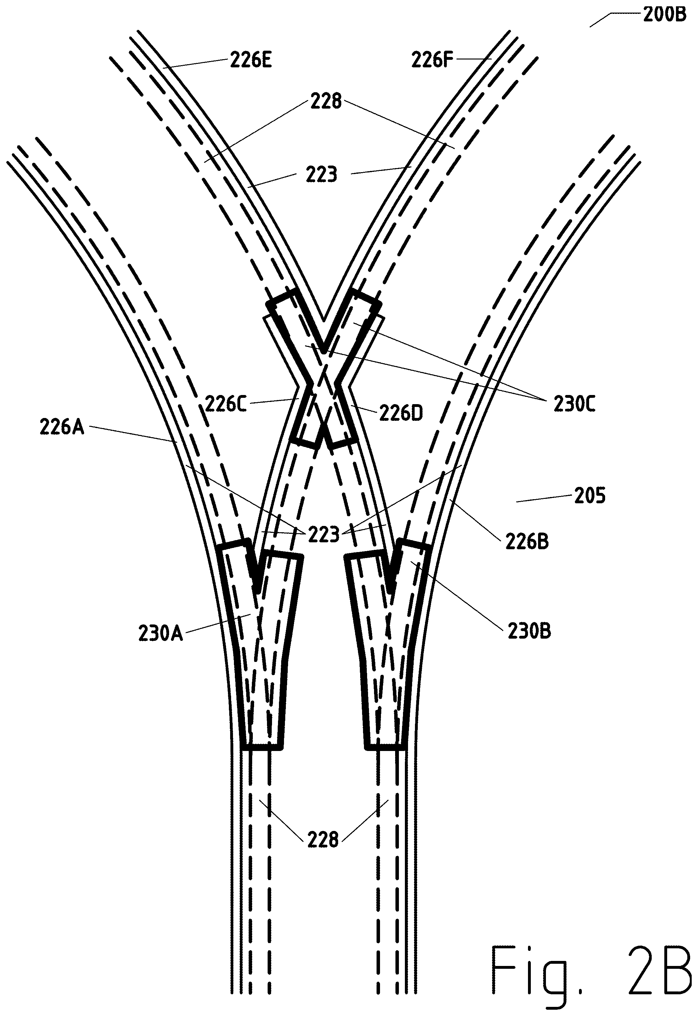Patent US12311713 Figure 6 – Road to rail hybrid vehicles using a transition span and passive junctions