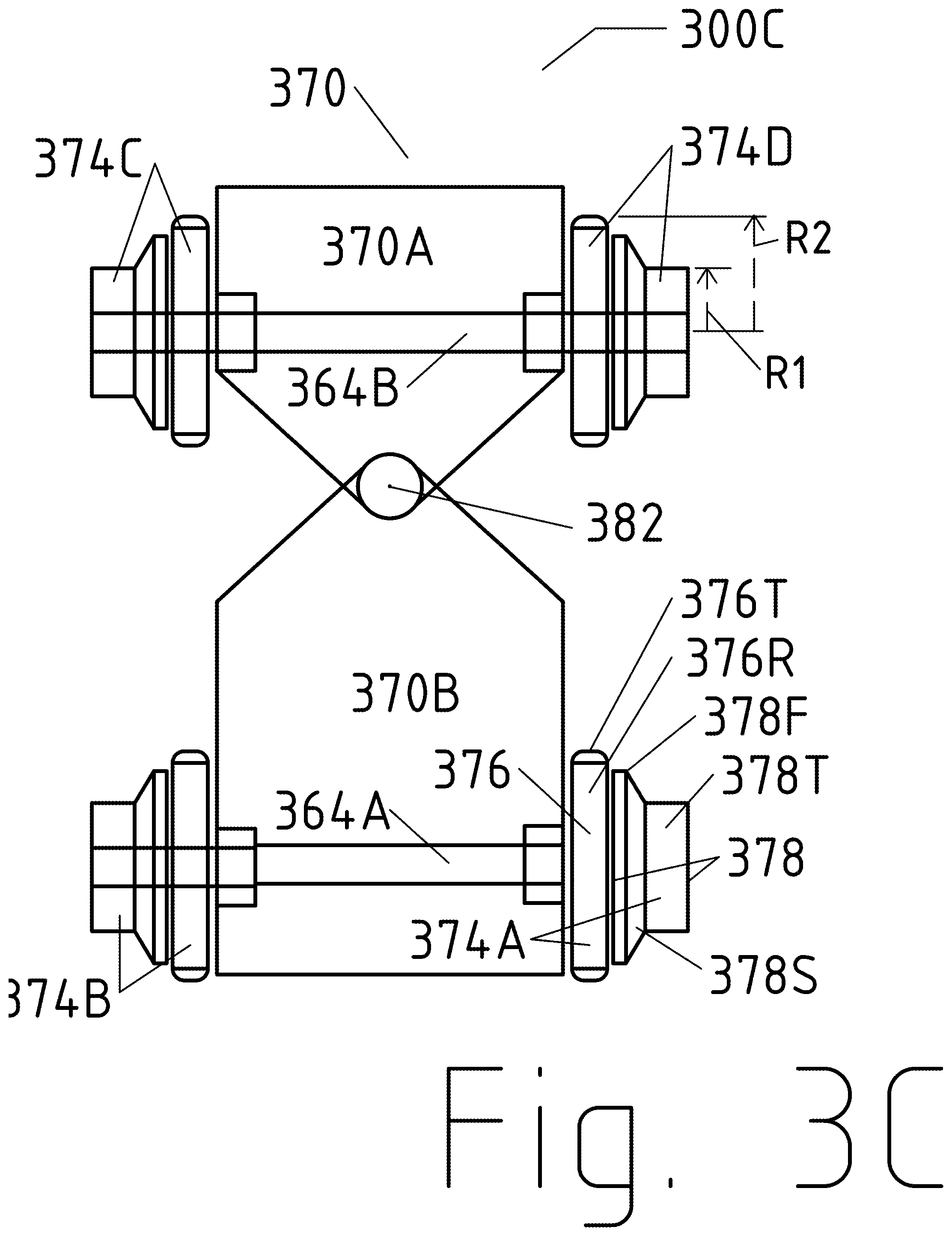 Patent US12311713 Figure 10 – Road to rail hybrid vehicles using a transition span and passive junctions