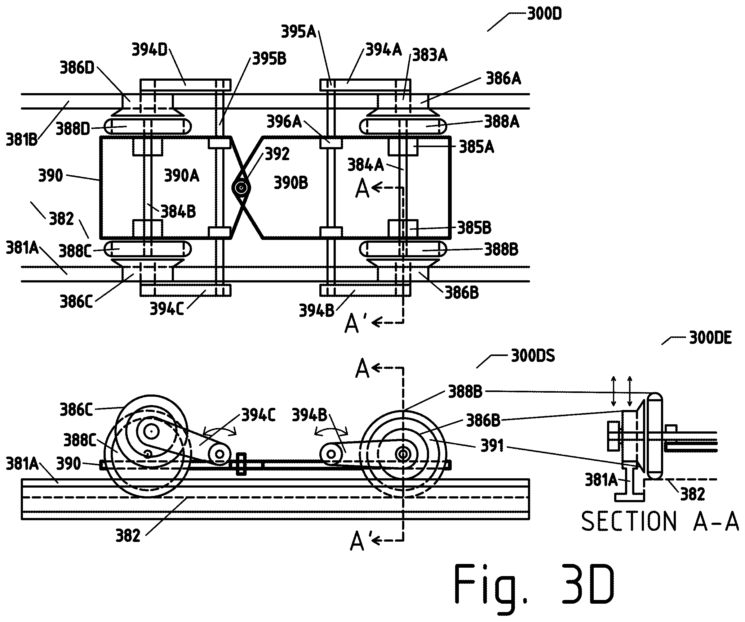 Patent US12311713 Figure 11 – Road to rail hybrid vehicles using a transition span and passive junctions