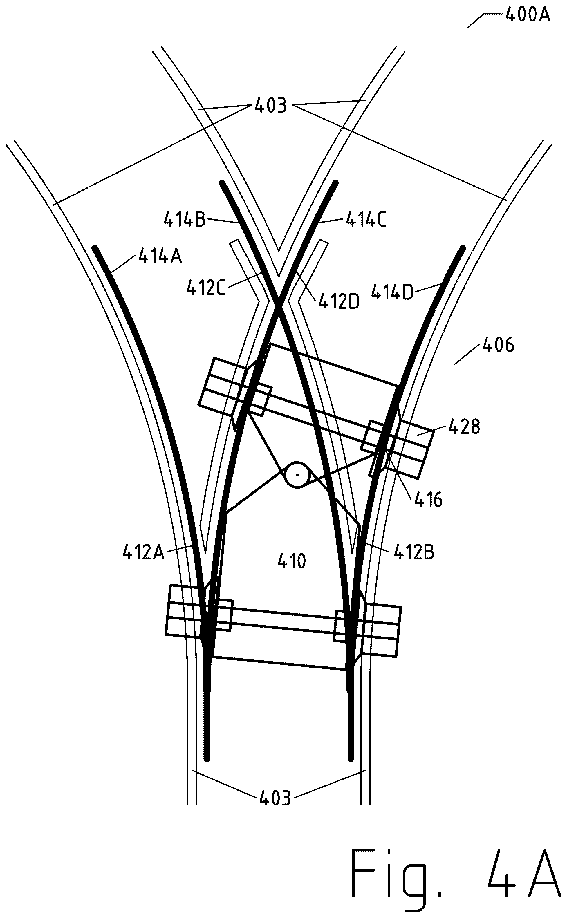 Patent US12311713 Figure 12 – Road to rail hybrid vehicles using a transition span and passive junctions