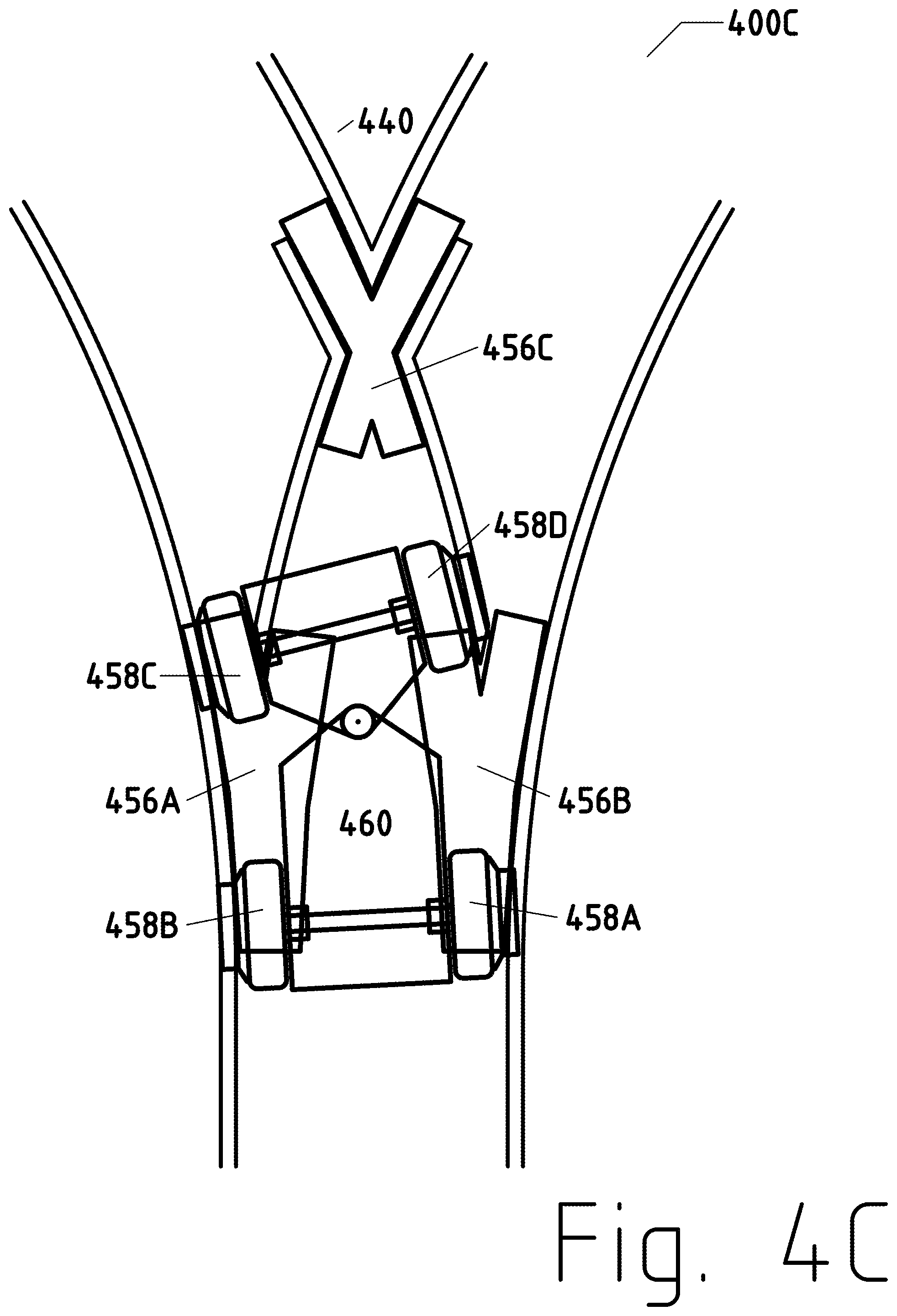 Patent US12311713 Figure 14 – Road to rail hybrid vehicles using a transition span and passive junctions