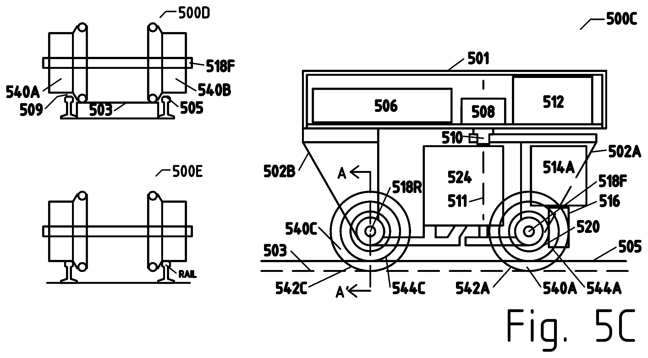 Patent US12311713 Figure 18 – Road to rail hybrid vehicles using a transition span and passive junctions