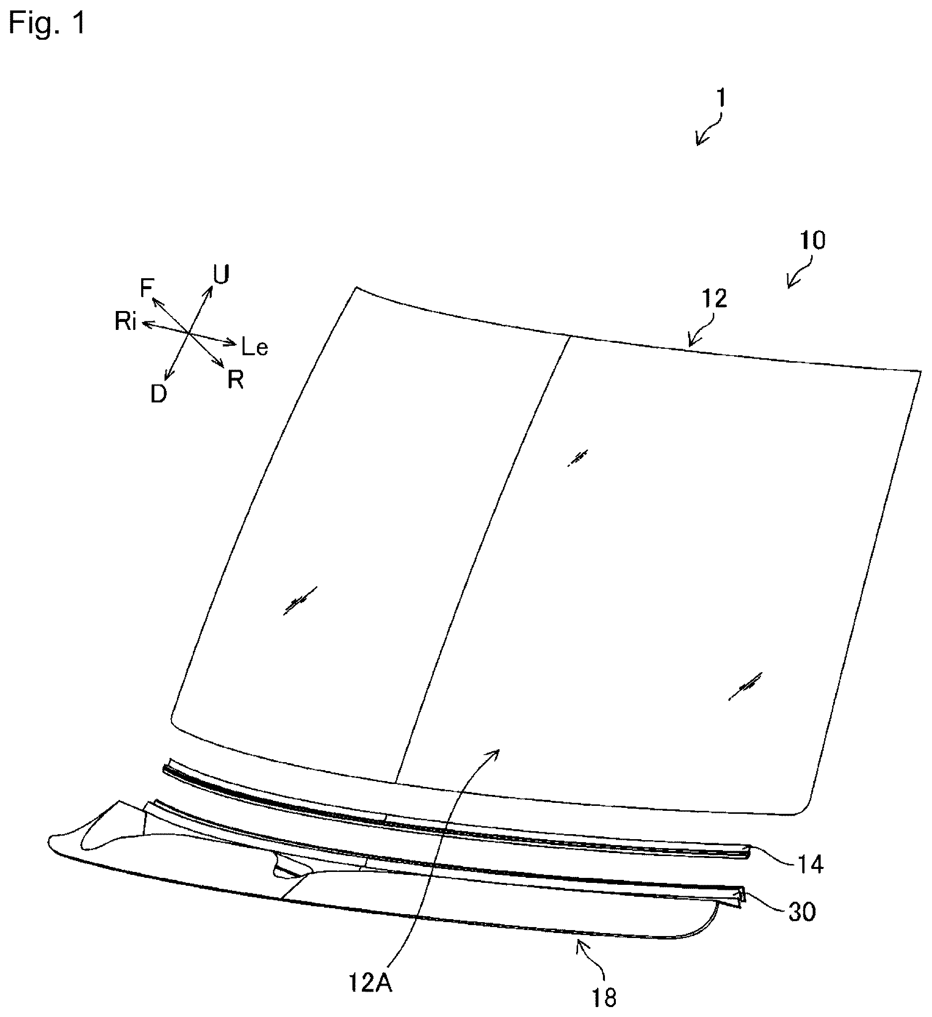 Patent US12311740 Figure 1 – Connective structure for cowl louver and windshield with molding