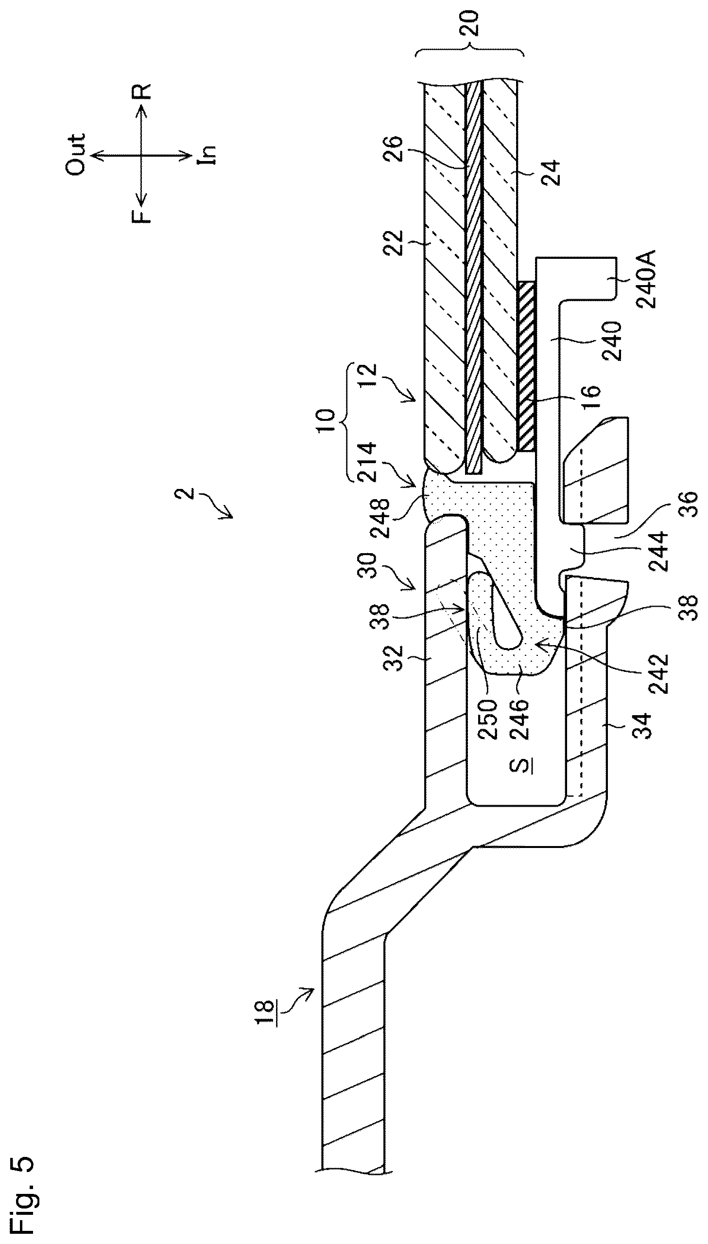 Patent US12311740 Figure 5 – Connective structure for cowl louver and windshield with molding