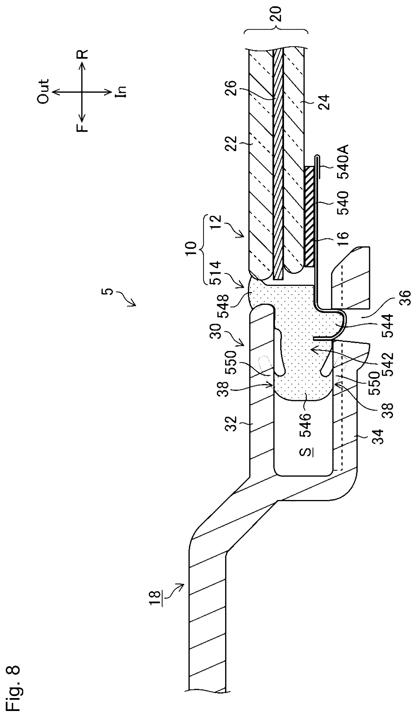 Patent US12311740 Figure 8 – Connective structure for cowl louver and windshield with molding