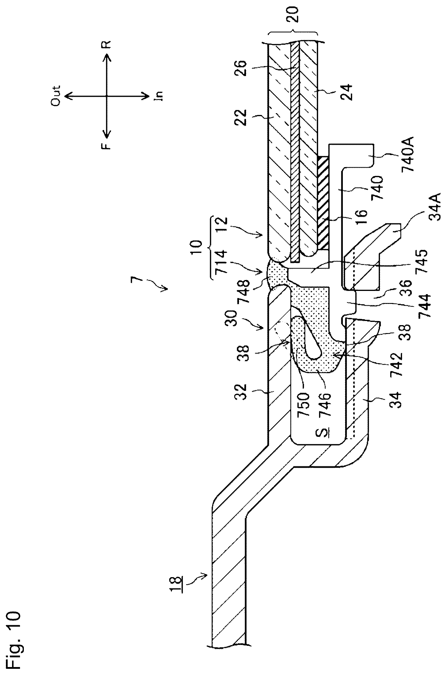 Patent US12311740 Figure 10 – Connective structure for cowl louver and windshield with molding