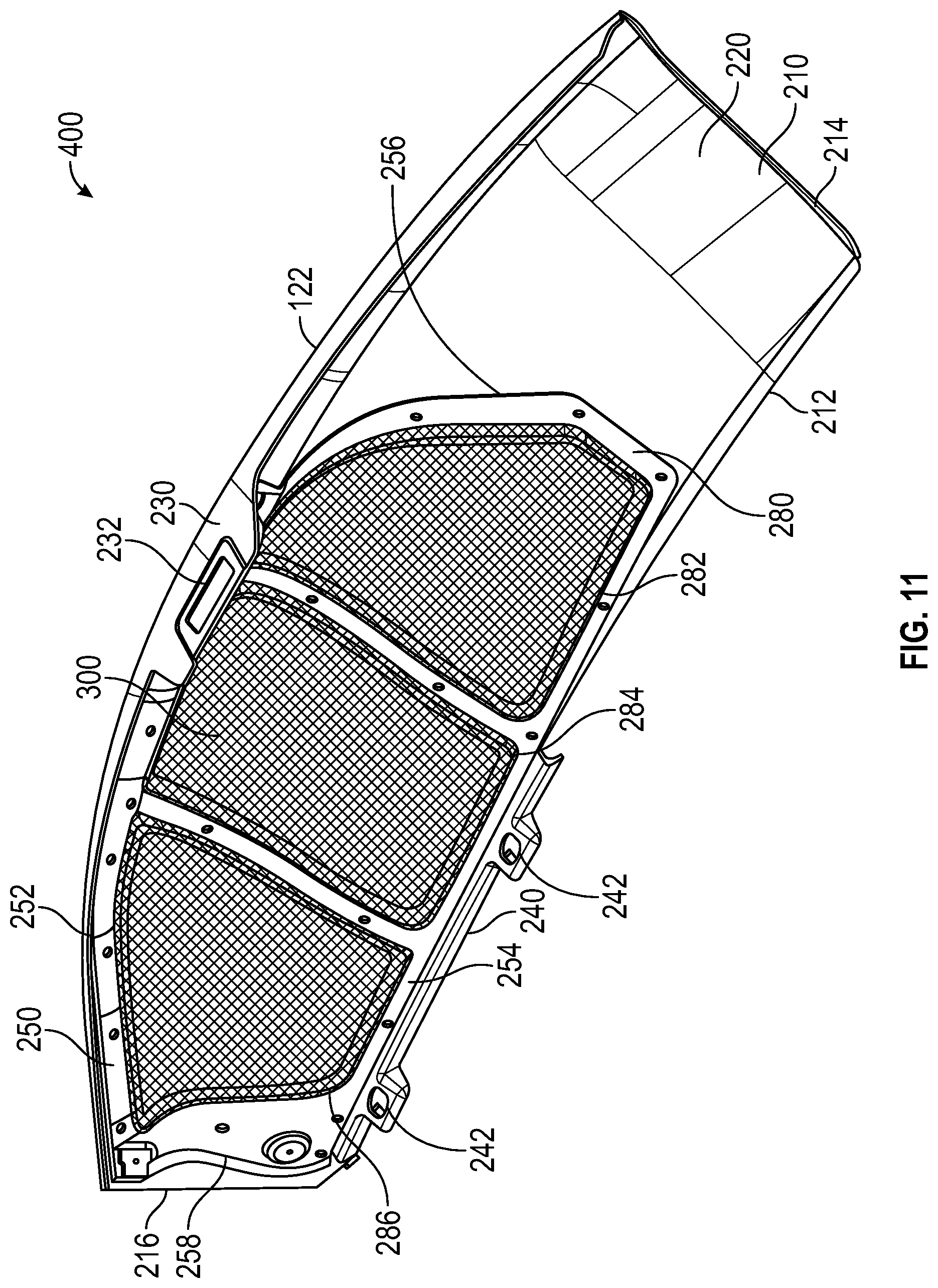 Patent US12311741 Figure 8 – Vehicle with debris shield