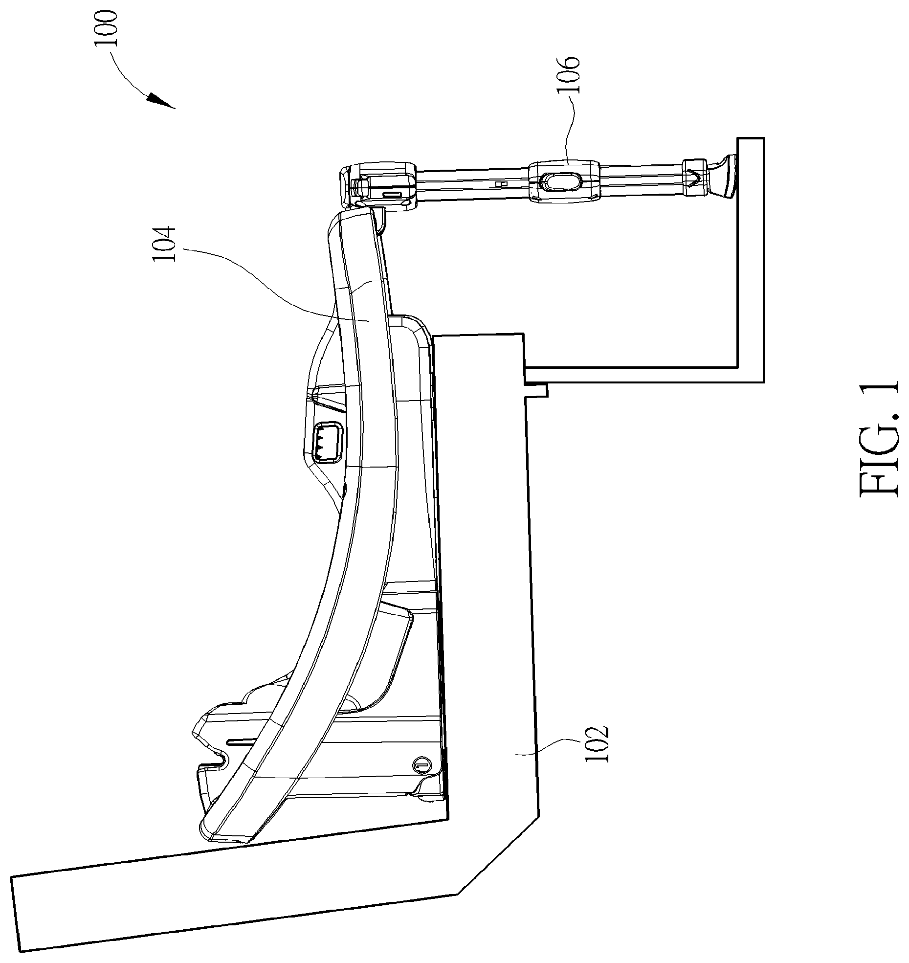 Patent US12311811 Figure 1 – Infant car seat and stability leg and release actuator