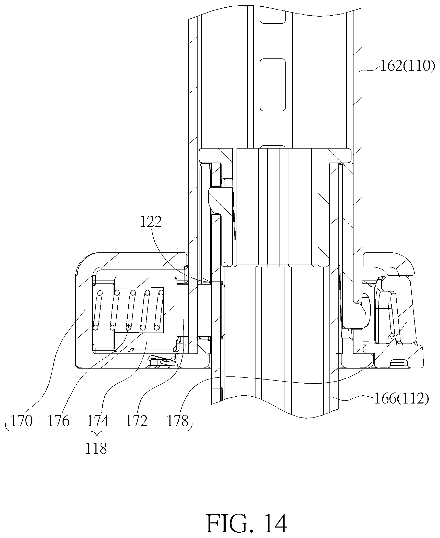 Patent US12311811 Figure 14 – Infant car seat and stability leg and release actuator