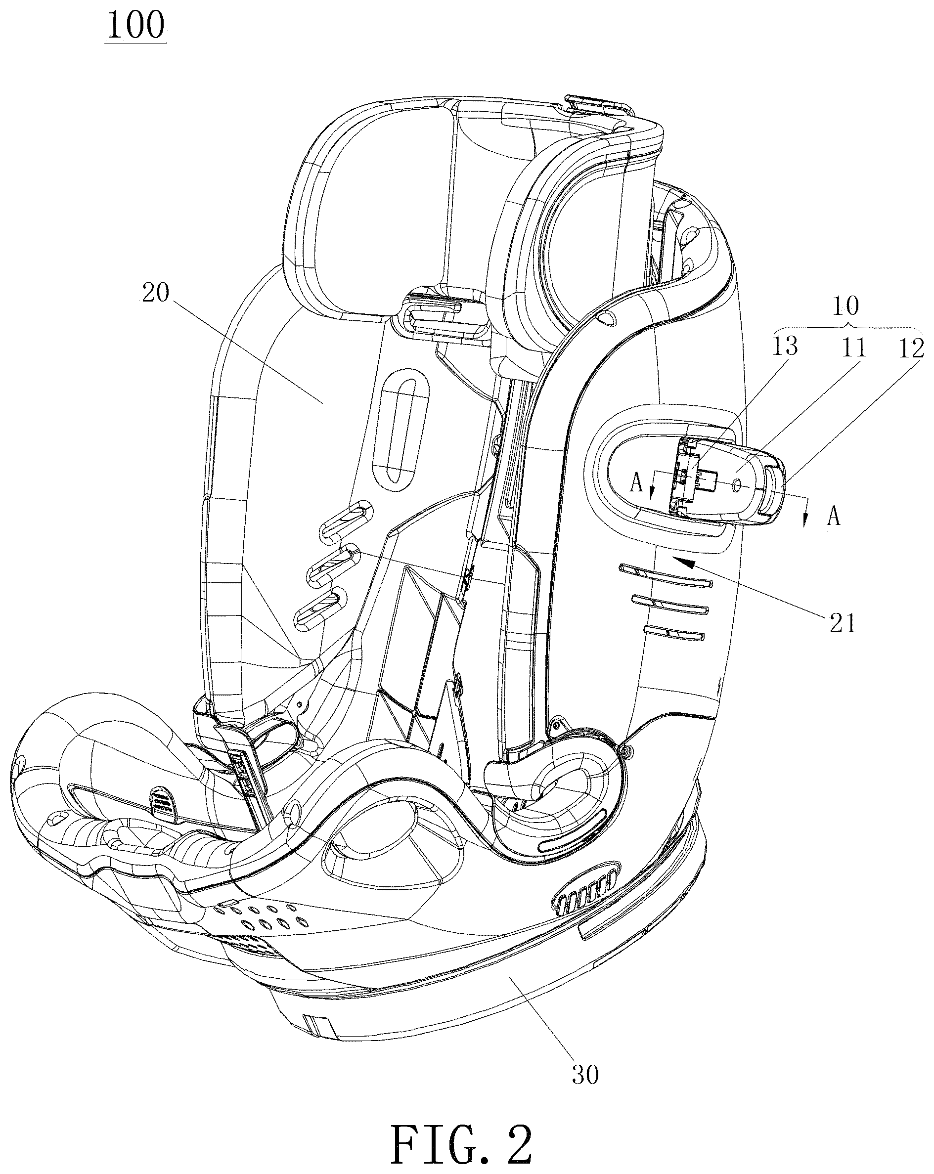 Patent US12311815 Figure 2 – Child safety seat and side collision protection mechanism thereof
