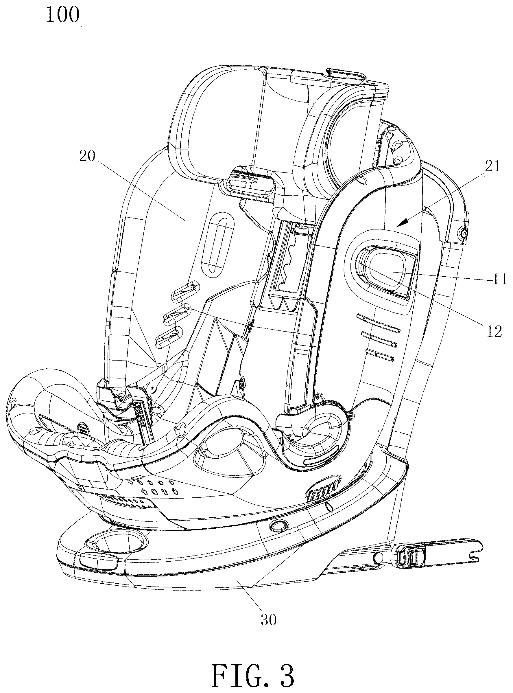 Patent US12311815 Figure 3 – Child safety seat and side collision protection mechanism thereof