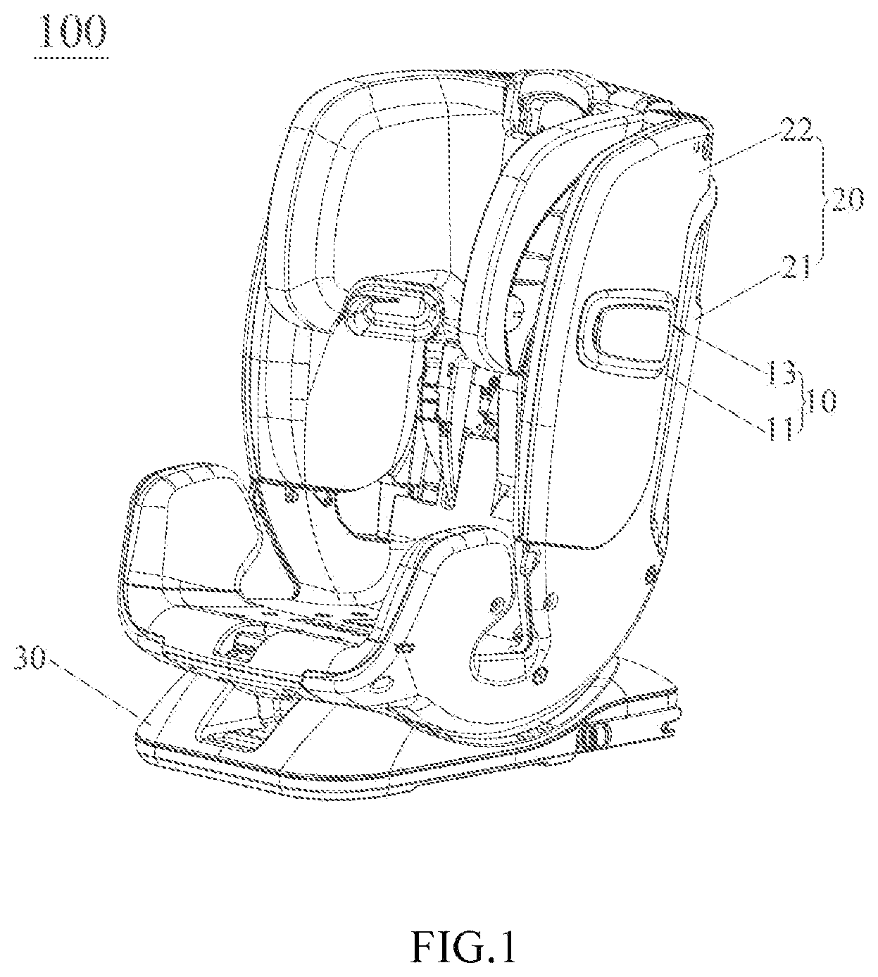 Patent US12311816 Figure 1 – Child safety seat and side impact protection device thereof