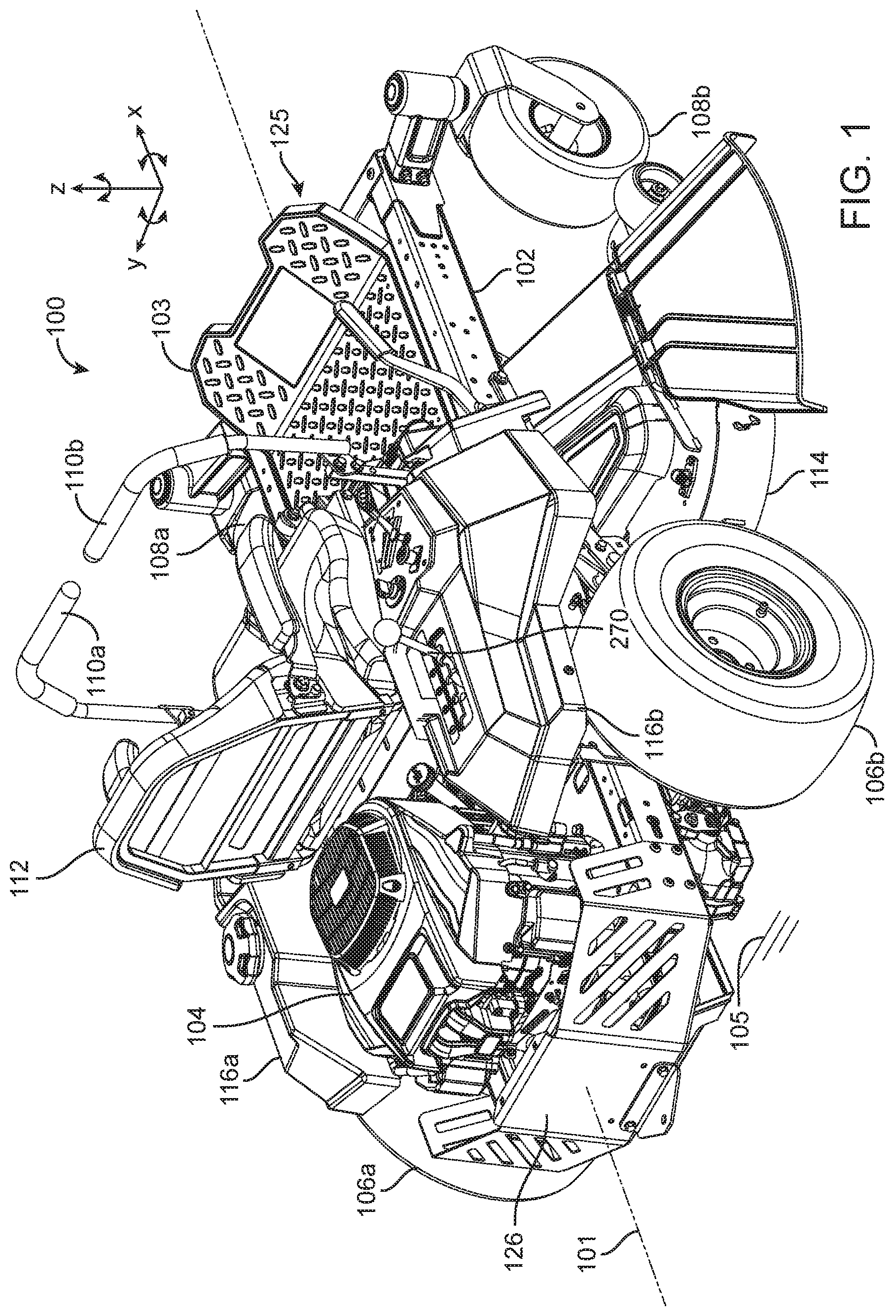 Patent US12311818 Figure 1 – Grounds maintenance vehicle with adjustable suspension system