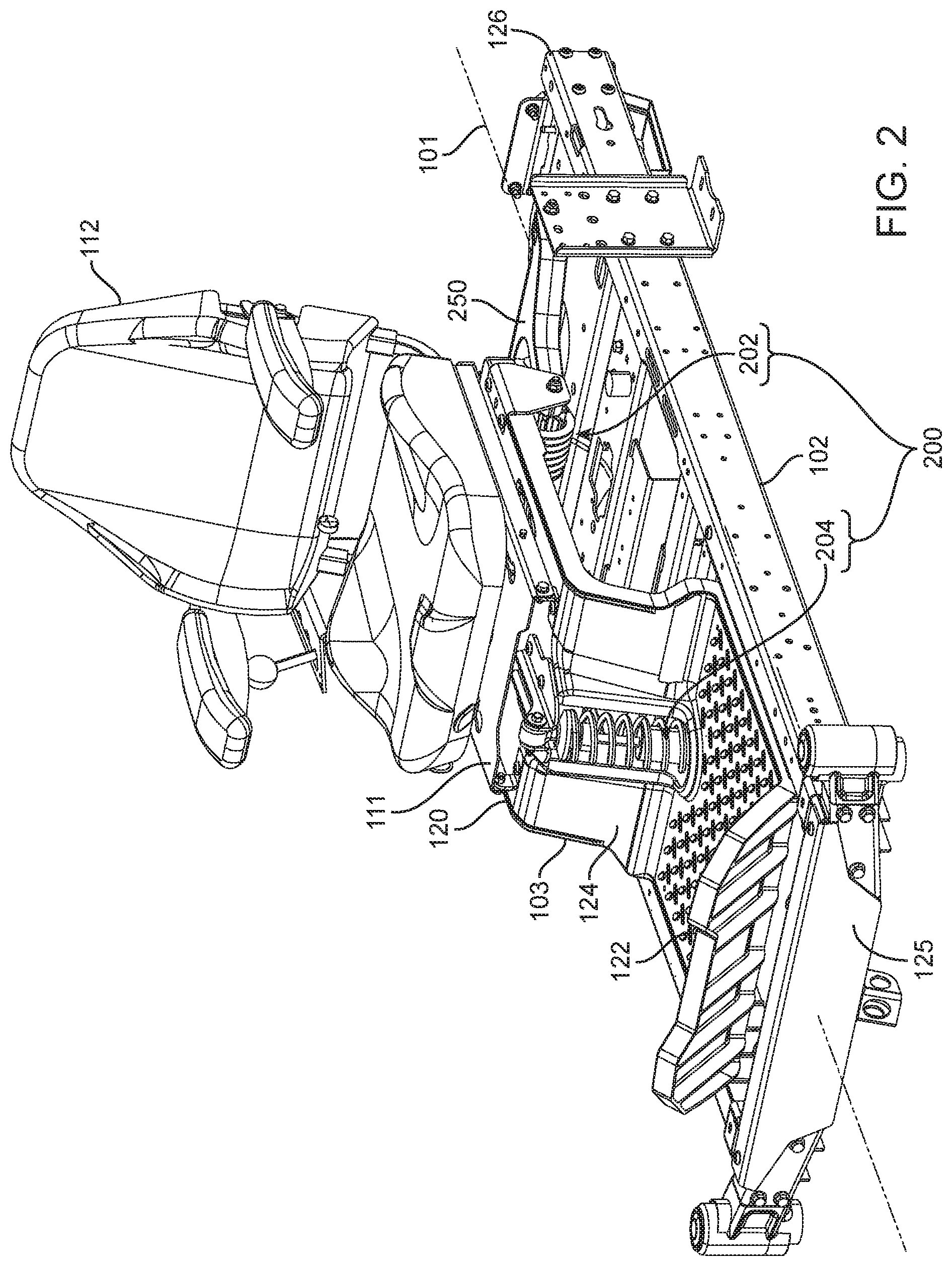 Patent US12311818 Figure 2 – Grounds maintenance vehicle with adjustable suspension system
