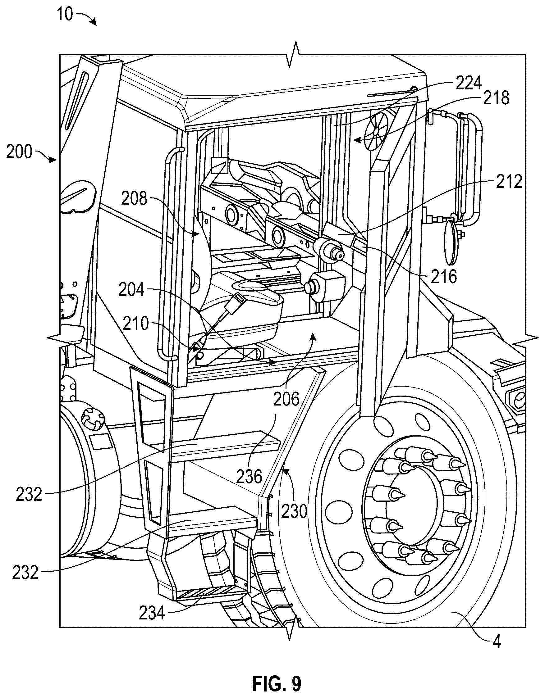 Patent US12311822 Figure 9 – Concrete mixer vehicle with trainer cab