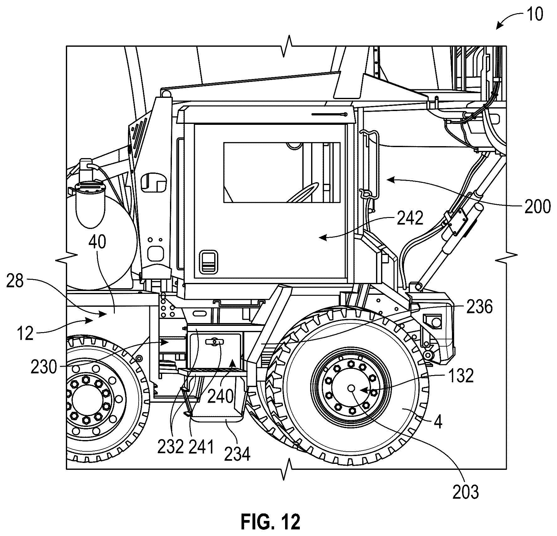 Patent US12311822 Figure 12 – Concrete mixer vehicle with trainer cab