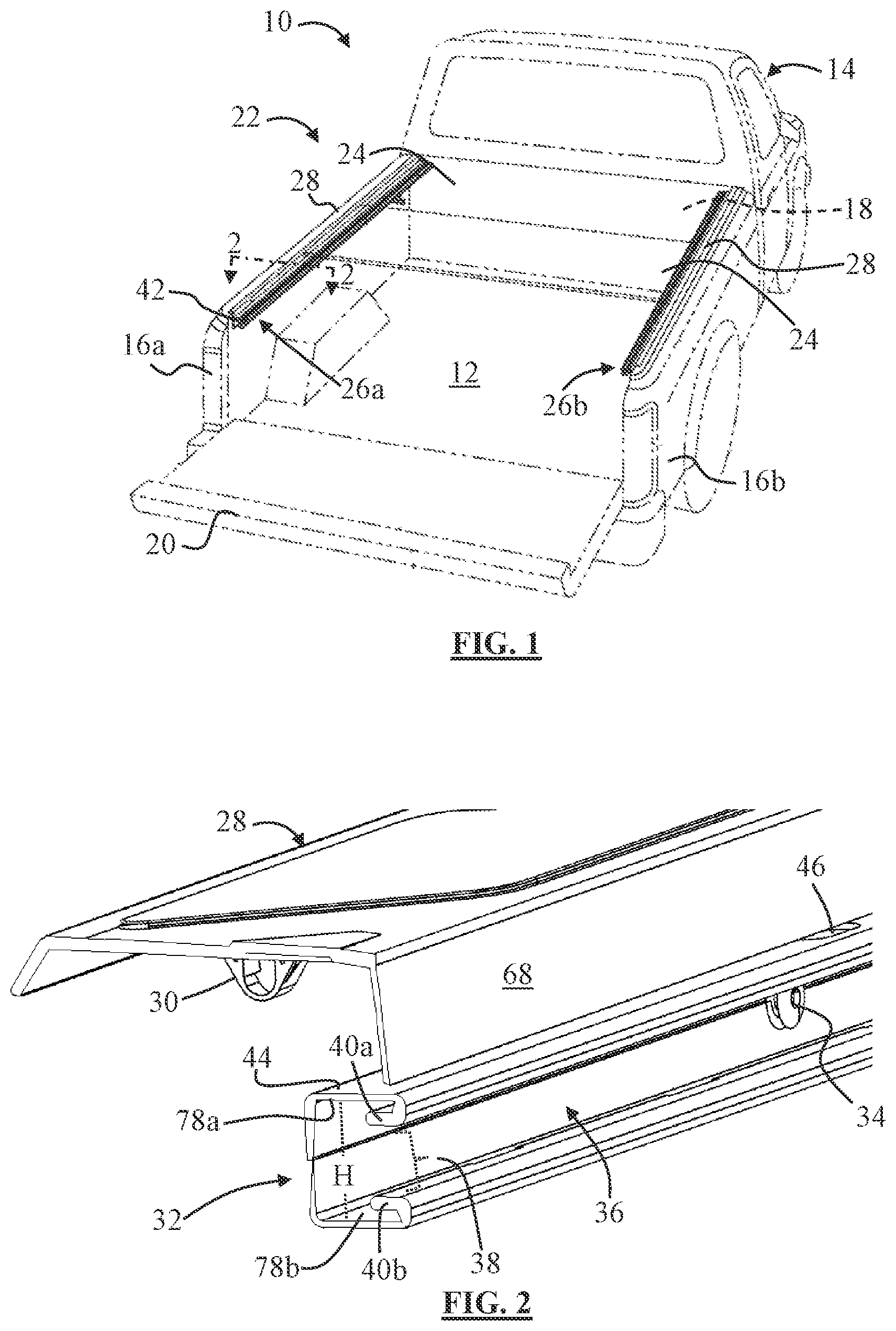 Patent US12311827 Figure 1 – Tonneau rail system and attachment device for securing a tonneau rail to a vehicle