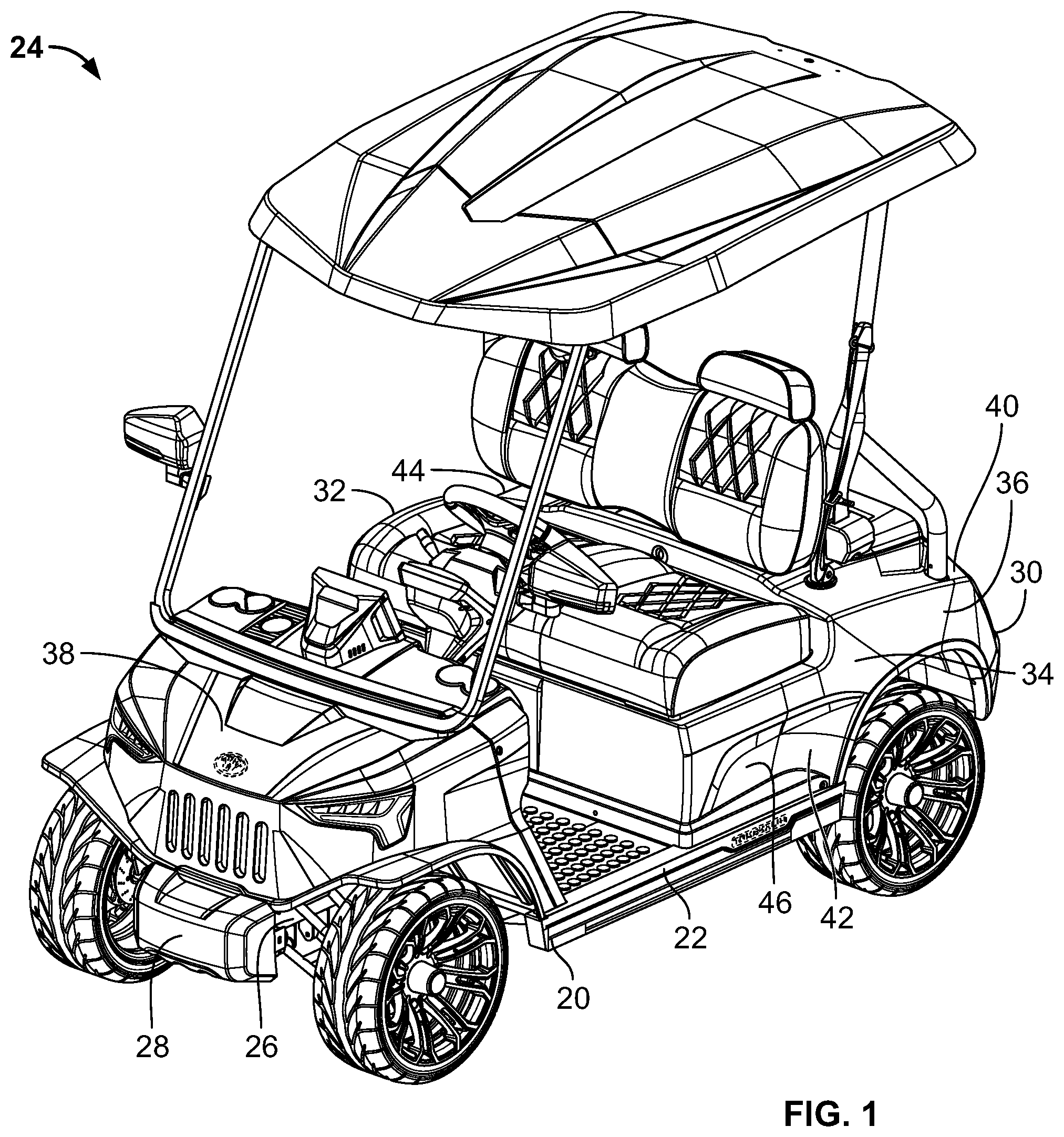 Patent US12311836 Figure 1 – Systems and methods for a lighting assembly for a golf cart