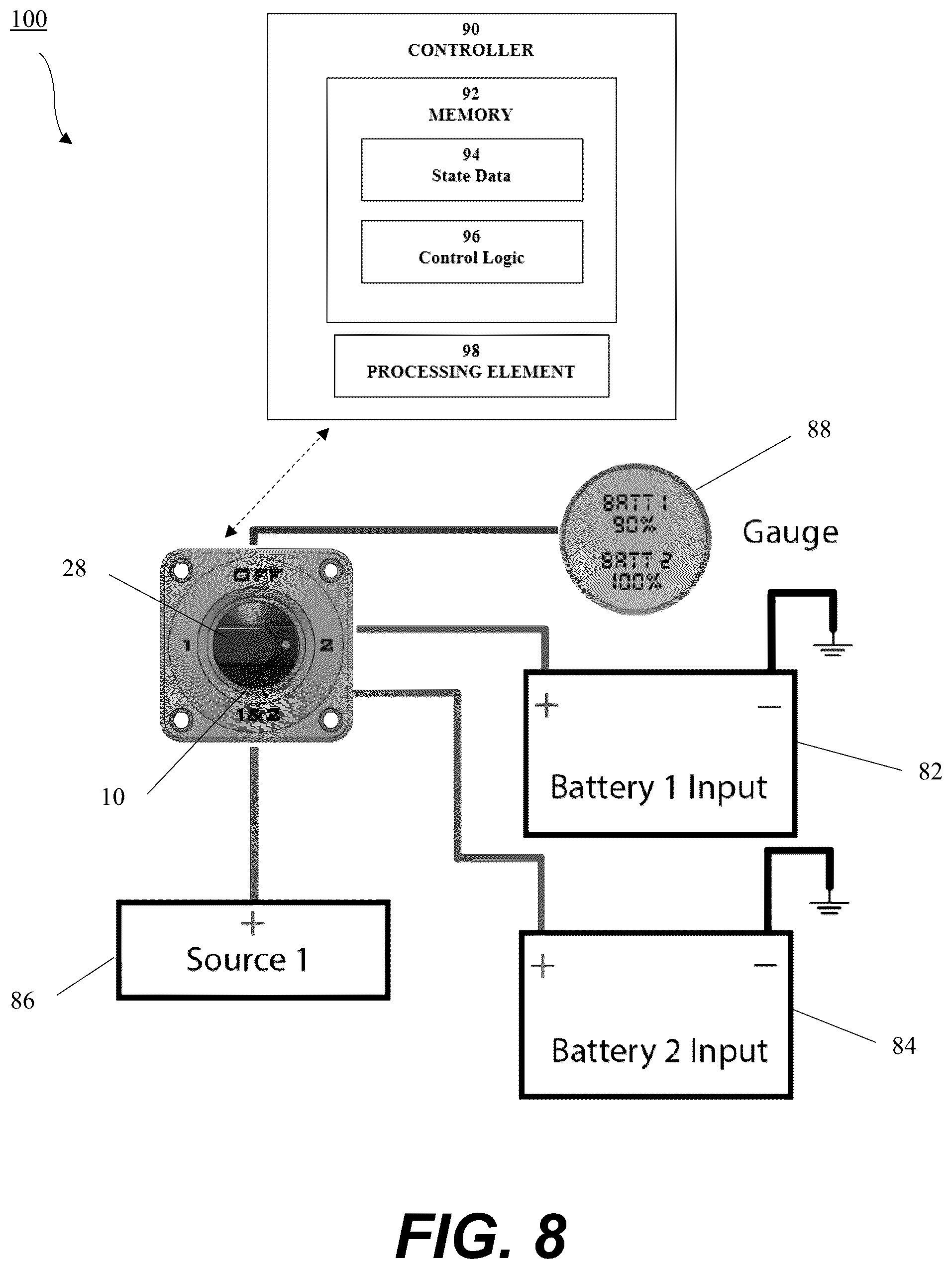 Patent US12311851 Figure 14 – Watercraft battery switch system with visual indicator