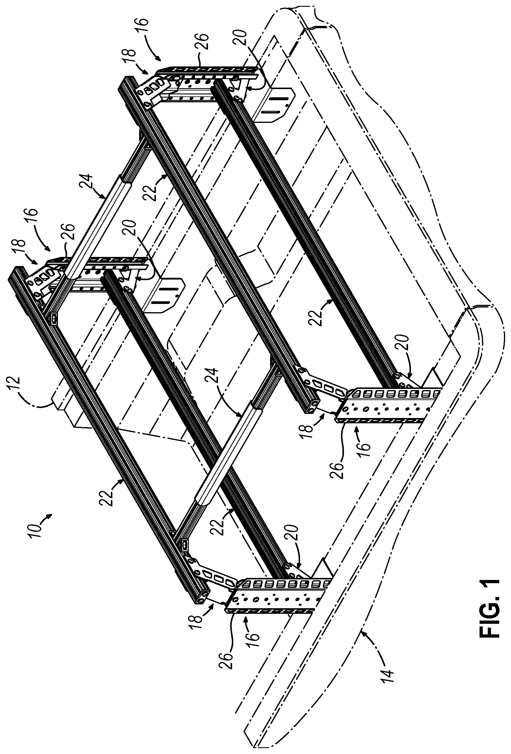 Patent US12311889 Figure 1 – Modular truck bed rack system and related methods
