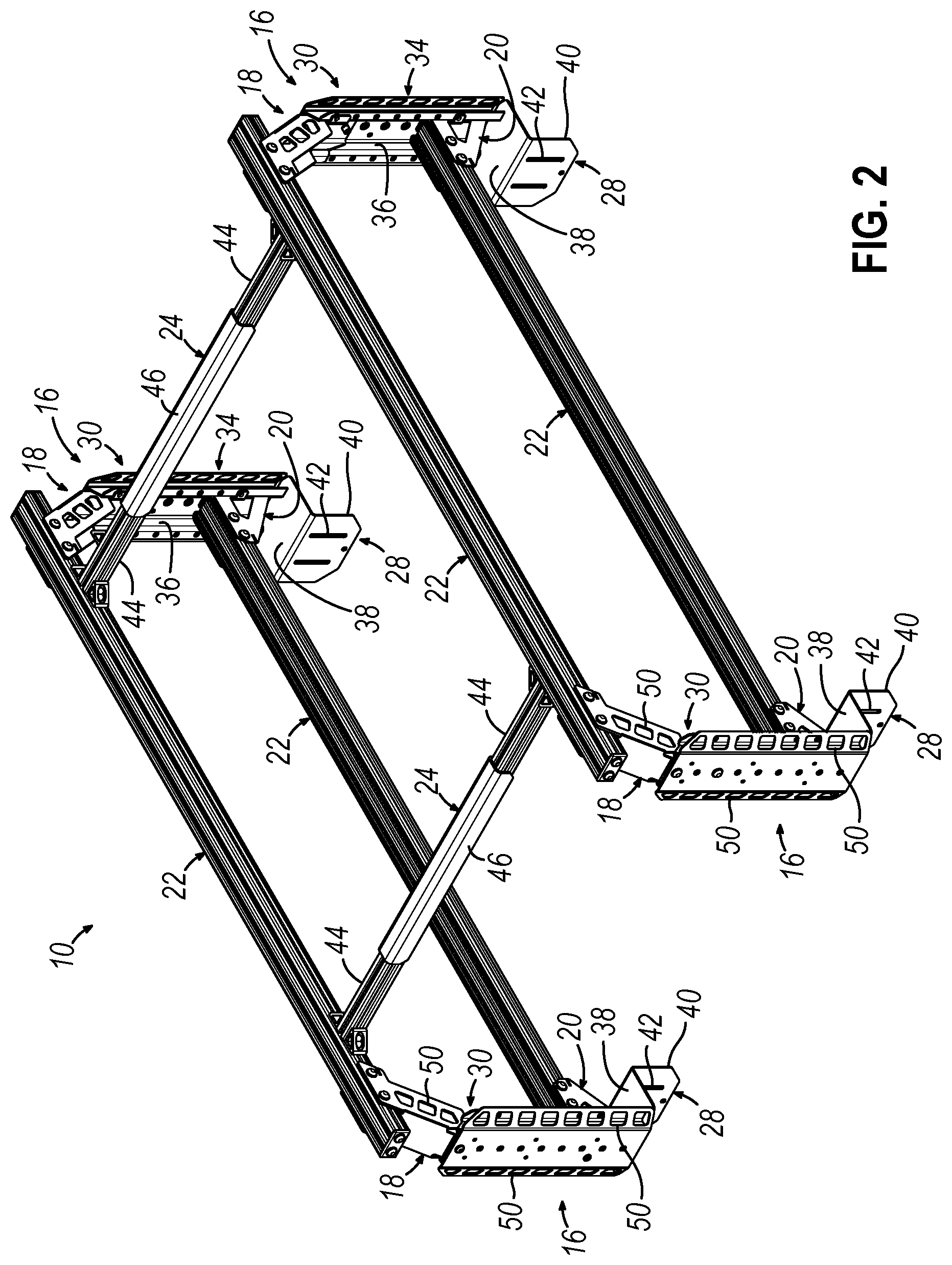 Patent US12311889 Figure 2 – Modular truck bed rack system and related methods