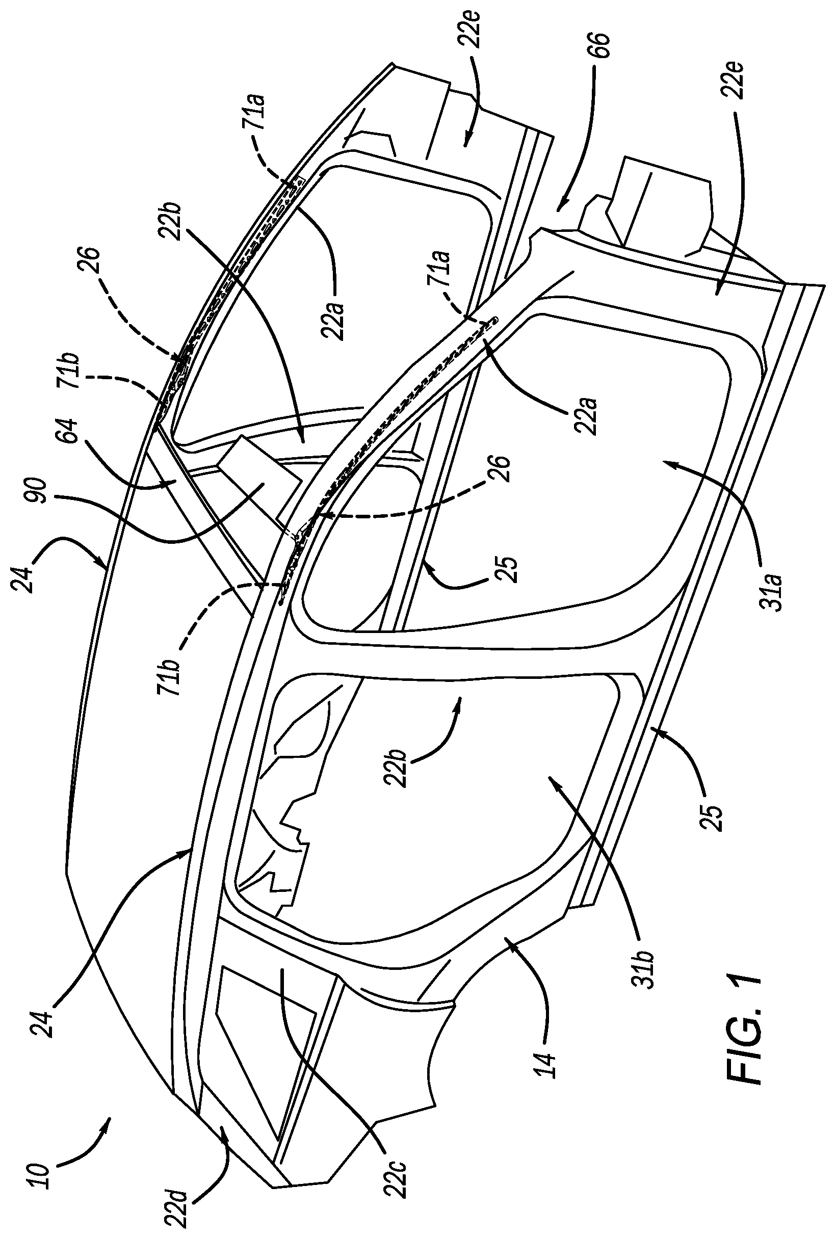 Patent US12312007 Figure 1 – Body structure for vehicle having reinforcement assembly
