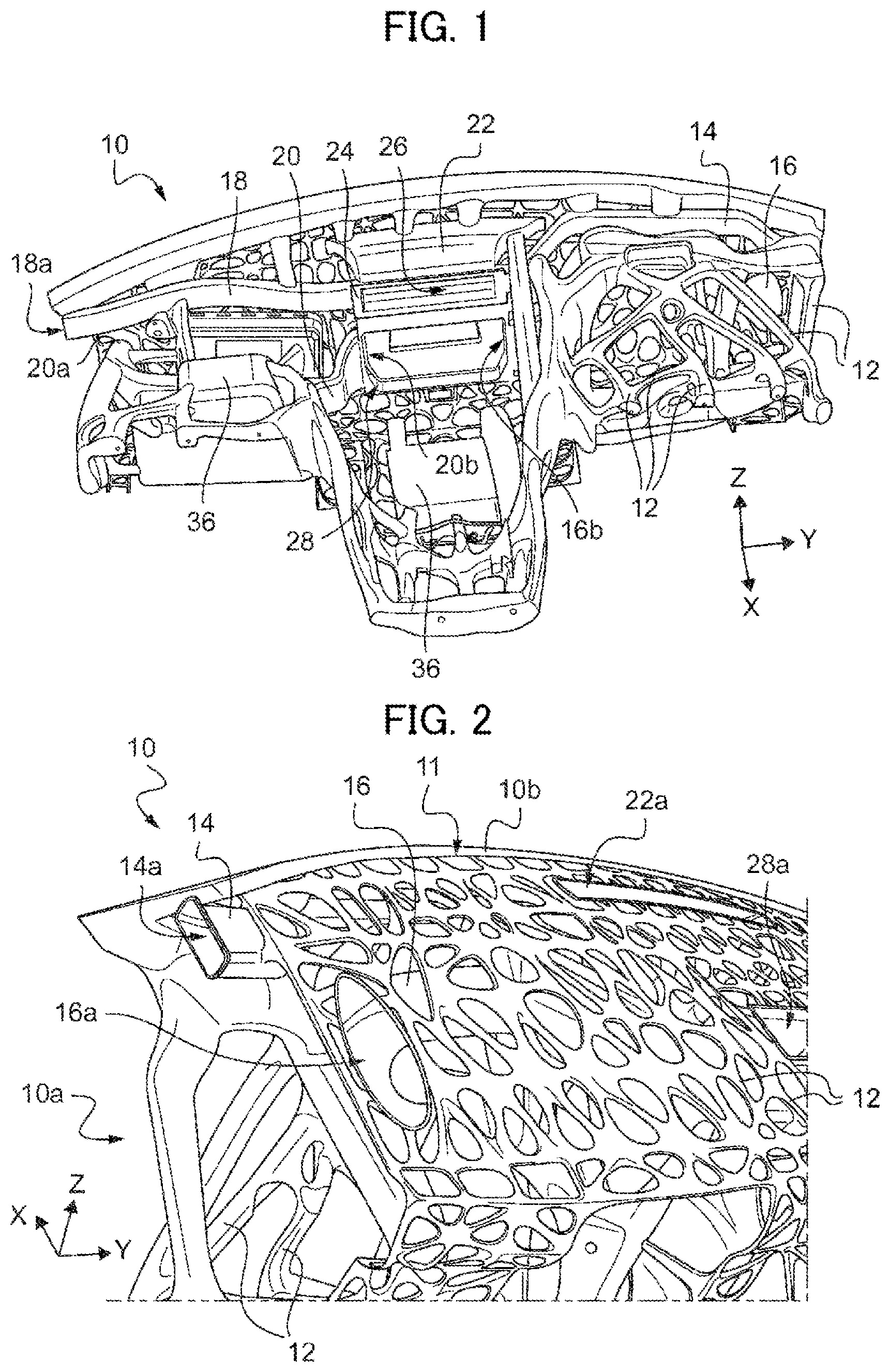 Patent US12312011 Figure 1 – Dashboard body with a lacunary structure and integrated fluid circulation ducts