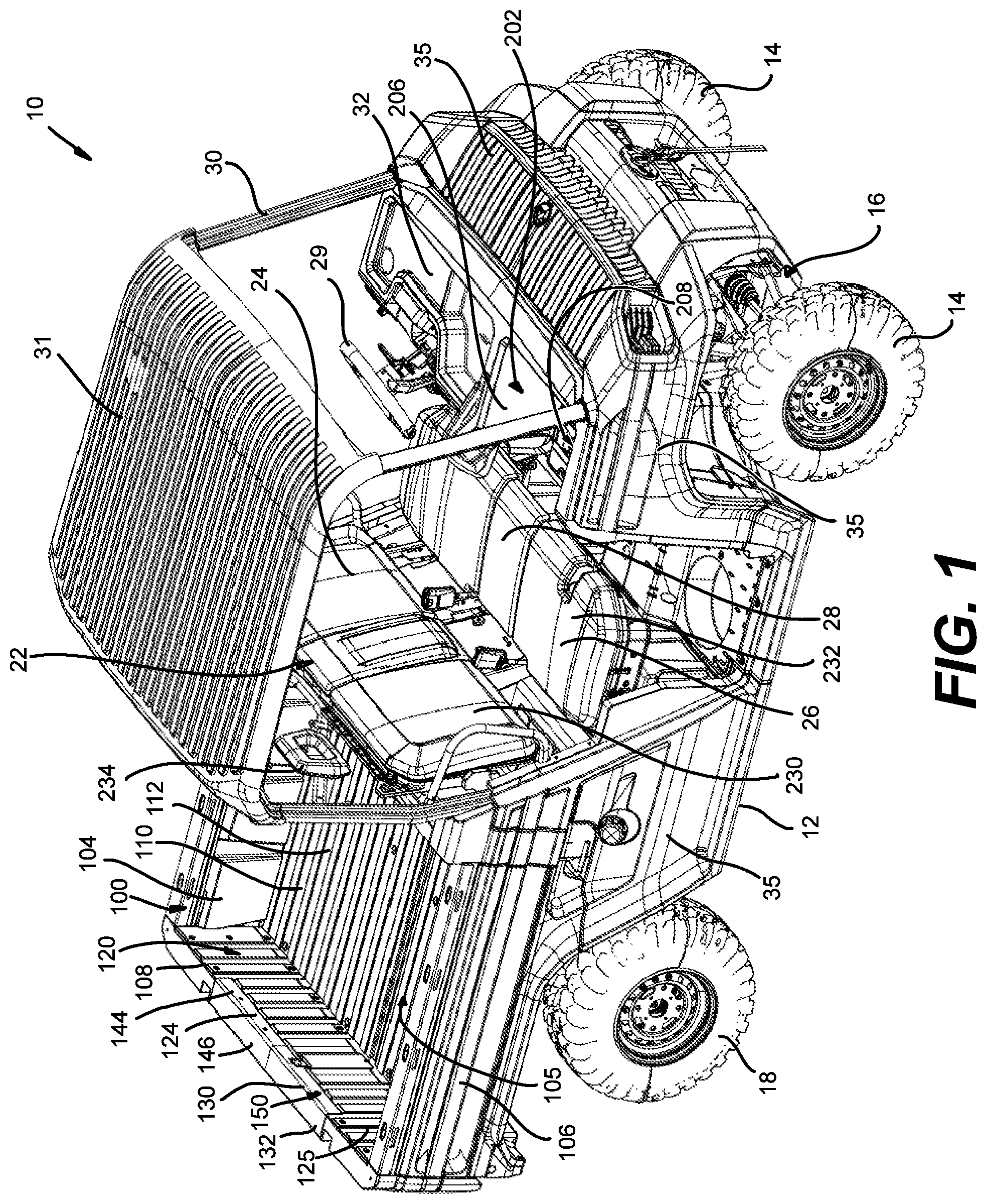 Patent US12312019 Figure 1 – Vehicle having a cargo bed with a pass-through opening