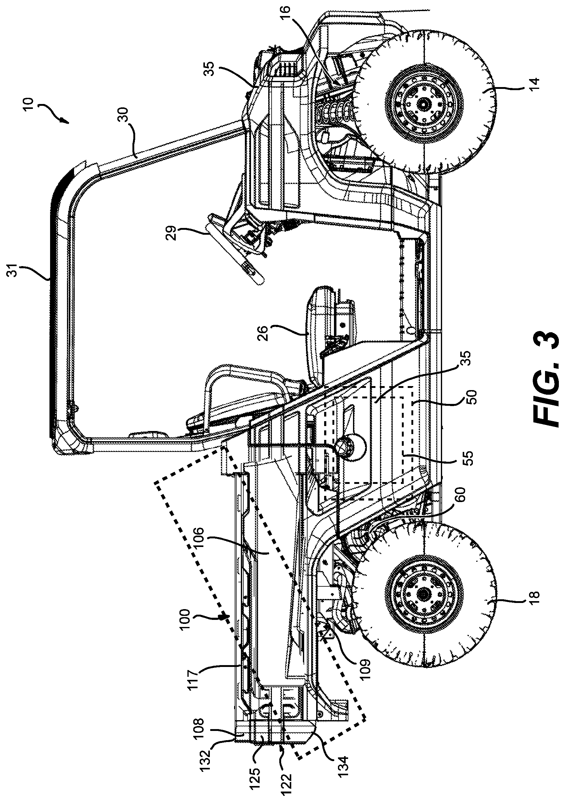 Patent US12312019 Figure 3 – Vehicle having a cargo bed with a pass-through opening
