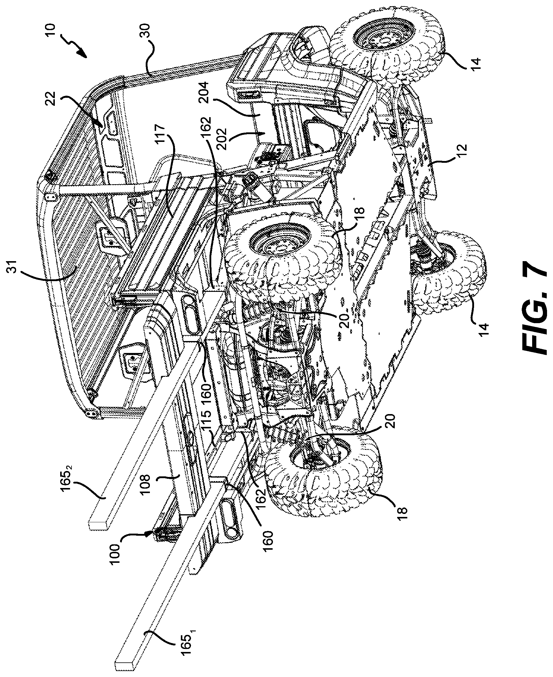 Patent US12312019 Figure 7 – Vehicle having a cargo bed with a pass-through opening
