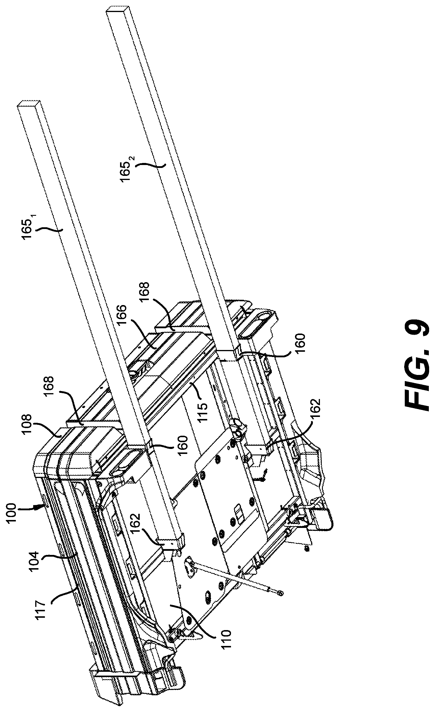 Patent US12312019 Figure 9 – Vehicle having a cargo bed with a pass-through opening